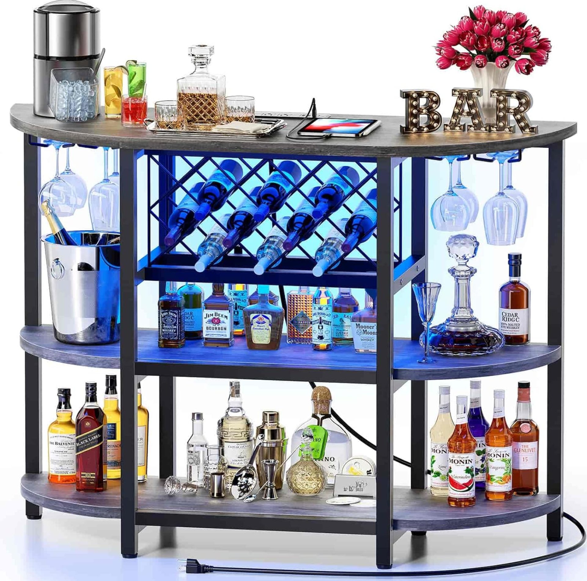 Zarler Bar Cart Bar Table with Power Outlet, LED Home Bar Cabinet for Liquor, Metal Mini Bar Coffee Bar with 4-Tier Storage, Easy to Assemble, Grey Zarler Bar Cart Bar Table with Power Outlet, LED Home Bar Cabinet for Liquor, Metal Mini Bar Coffee Bar with 4-Tier Storage, Easy to Assemble, Grey