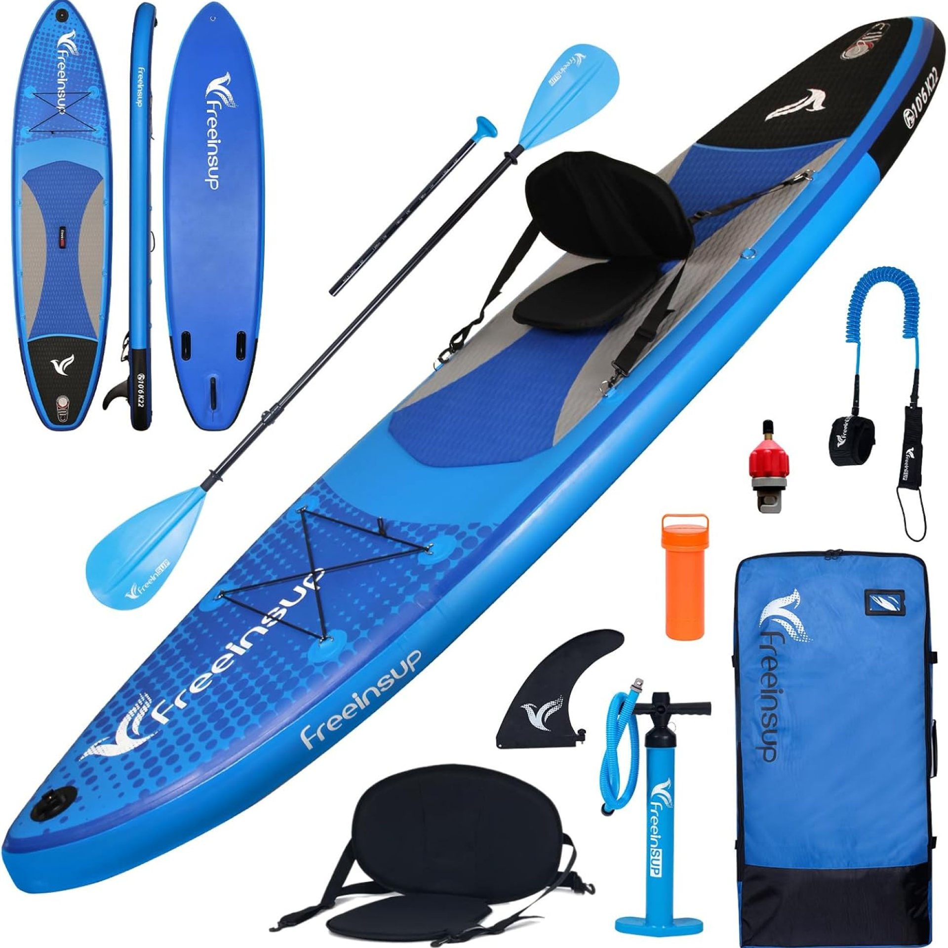 Freein Inflatable Stand Up Paddle Board 10’6″/11′,Capacity 2-in-1 SUP/Kayak with Adjustable Seat,Electric Pump Adapter,Non-Slip Diamond Deck & Travel Backpack,for Adults/Fishing/Yoga Freein Inflatable Stand Up Paddle Board 10’6″/11′,Capacity 2-in-1 SUP/Kayak with Adjustable Seat,Electric Pump Adapter,Non-Slip Diamond Deck & Travel Backpack,for Adults/Fishing/Yoga