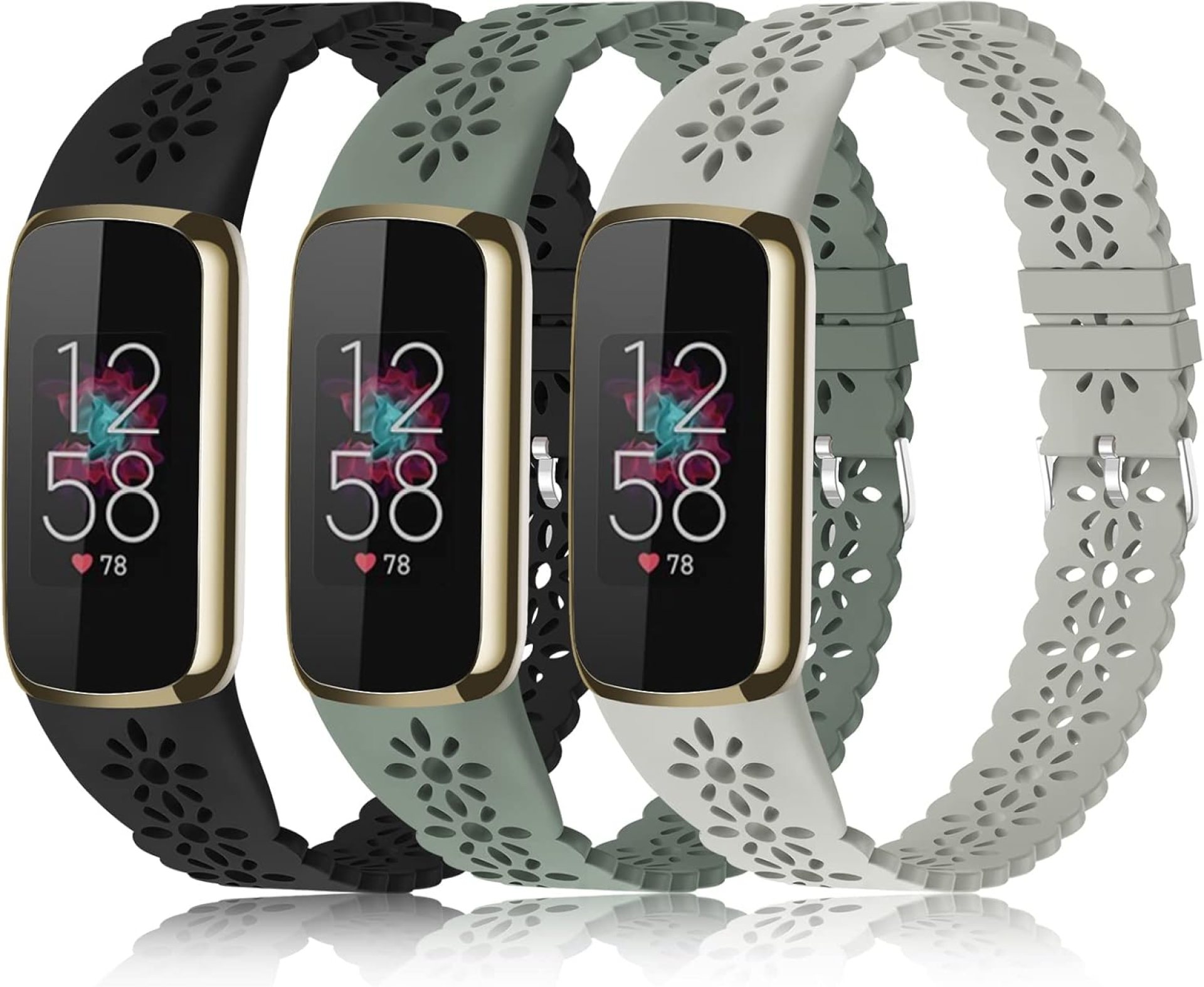 3 Pack Slim Sport Bands Compatible with Fitbit Luxe Band for Women, Soft Silicone Lace Thin Hollow-Out Replacement Wristbands Breathable Bands for Fitbit Luxe Fitness Smart Watch 3 Pack Slim Sport Bands Compatible with Fitbit Luxe Band for Women, Soft Silicone Lace Thin Hollow-Out Replacement Wristbands Breathable Bands for Fitbit Luxe Fitness Smart Watch