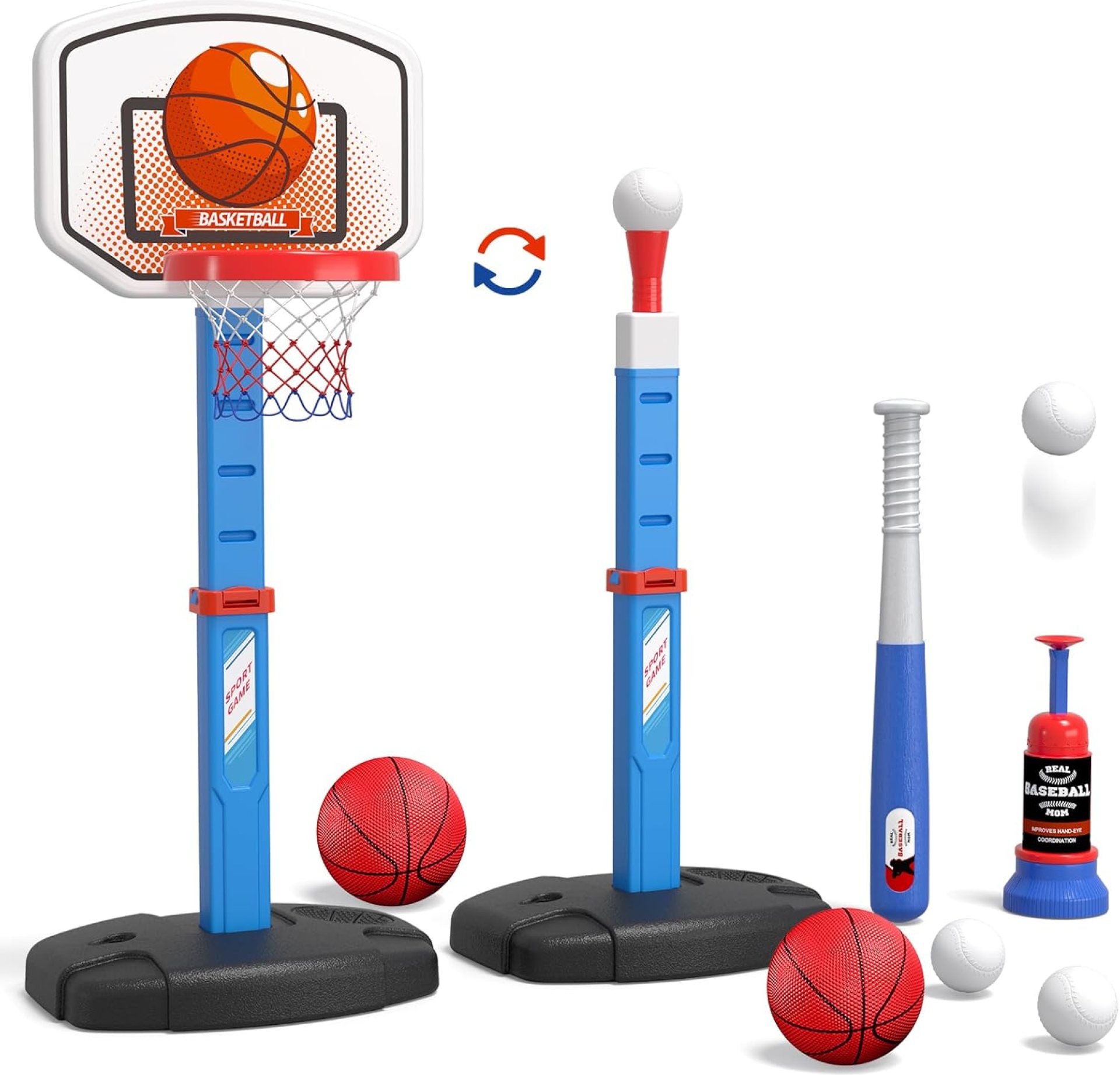 2 in 1 Toddler Basketball Hoop and T Ball Set, Kids Toys Boys 3-5, Adjustable Kids Basketball Hoop with Automatic Pitching Machine, Indoor Outdoor Sport Toys Gifts for Baby Boys Girls, Blue 2 in 1 Toddler Basketball Hoop and T Ball Set, Kids Toys Boys 3-5, Adjustable Kids Basketball Hoop with Automatic Pitching Machine, Indoor Outdoor Sport Toys Gifts for Baby Boys Girls, Blue