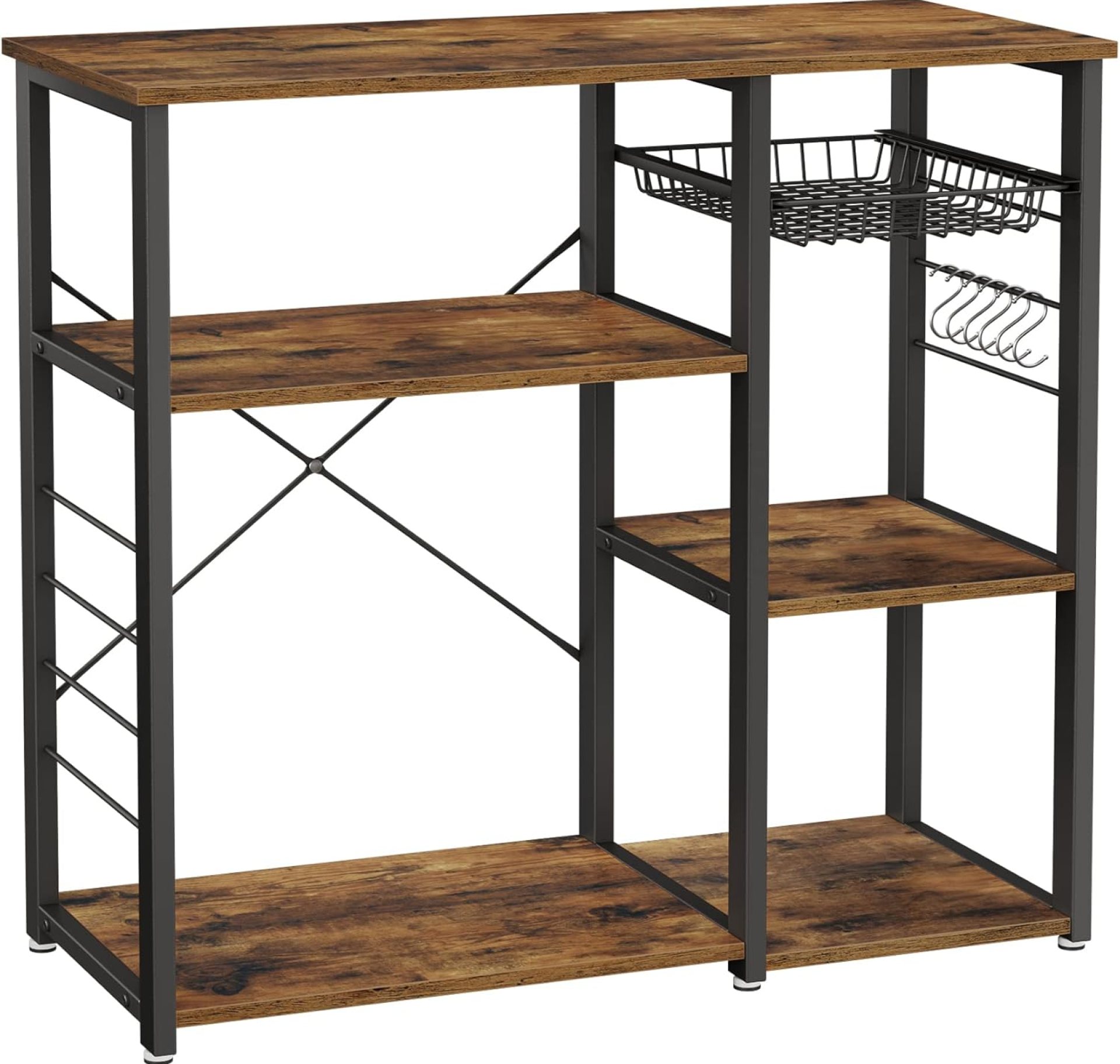 VASAGLE ALINRU Kitchen Baker’s Rack, Coffee Bar, Microwave Oven Stand, with Steel Frame, Wire Basket, 6 Hooks, 35.4″, Rustic Brown VASAGLE ALINRU Kitchen Baker’s Rack, Coffee Bar, Microwave Oven Stand, with Steel Frame, Wire Basket, 6 Hooks, 35.4″, Rustic Brown