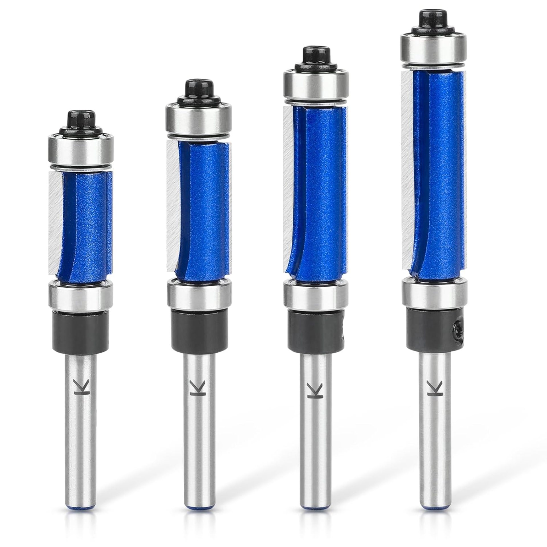 4Pcs Top and Bottom Bearing Flush Trim Router Bits Set 1/4 Inch Shank, Carbide Pattern Flush Trim Cut Router bit, 1/2 Inch Cutting Diameter, 3/4″, 1″, 1-1/4″, 1-1/2″ Inch Cutting Length 4Pcs Top and Bottom Bearing Flush Trim Router Bits Set 1/4 Inch Shank, Carbide Pattern Flush Trim Cut Router bit, 1/2 Inch Cutting Diameter, 3/4″, 1″, 1-1/4″, 1-1/2″ Inch Cutting Length