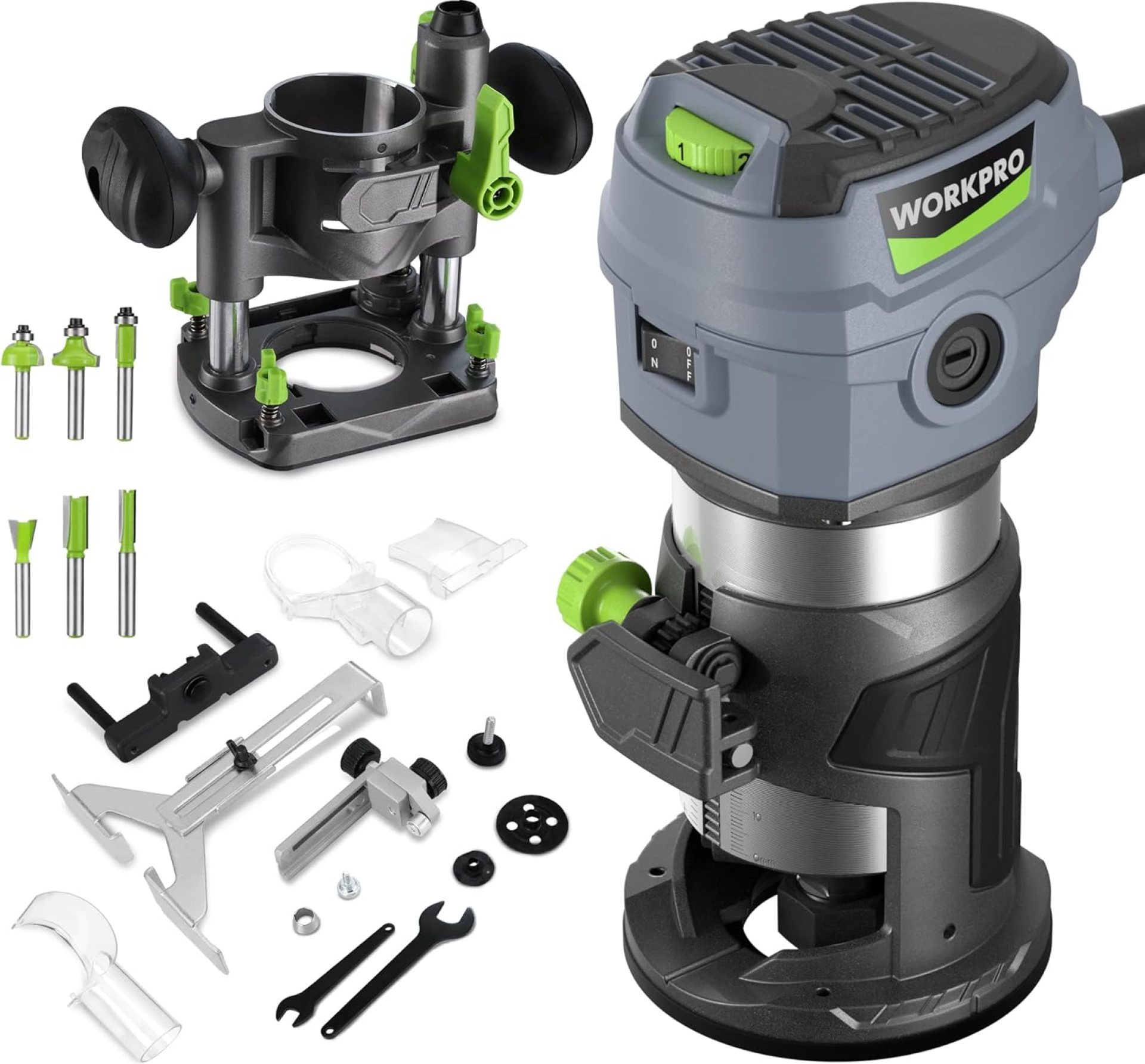 WORKPRO Compact Router Combo Kit, 6.5 Amp Compact Router Fixed Base & Plunge Router for Woodworking Slotting Trimming, 6 Variable Speeds to 32000 RPM WORKPRO Compact Router Combo Kit, 6.5 Amp Compact Router Fixed Base & Plunge Router for Woodworking Slotting Trimming, 6 Variable Speeds to 32000 RPM