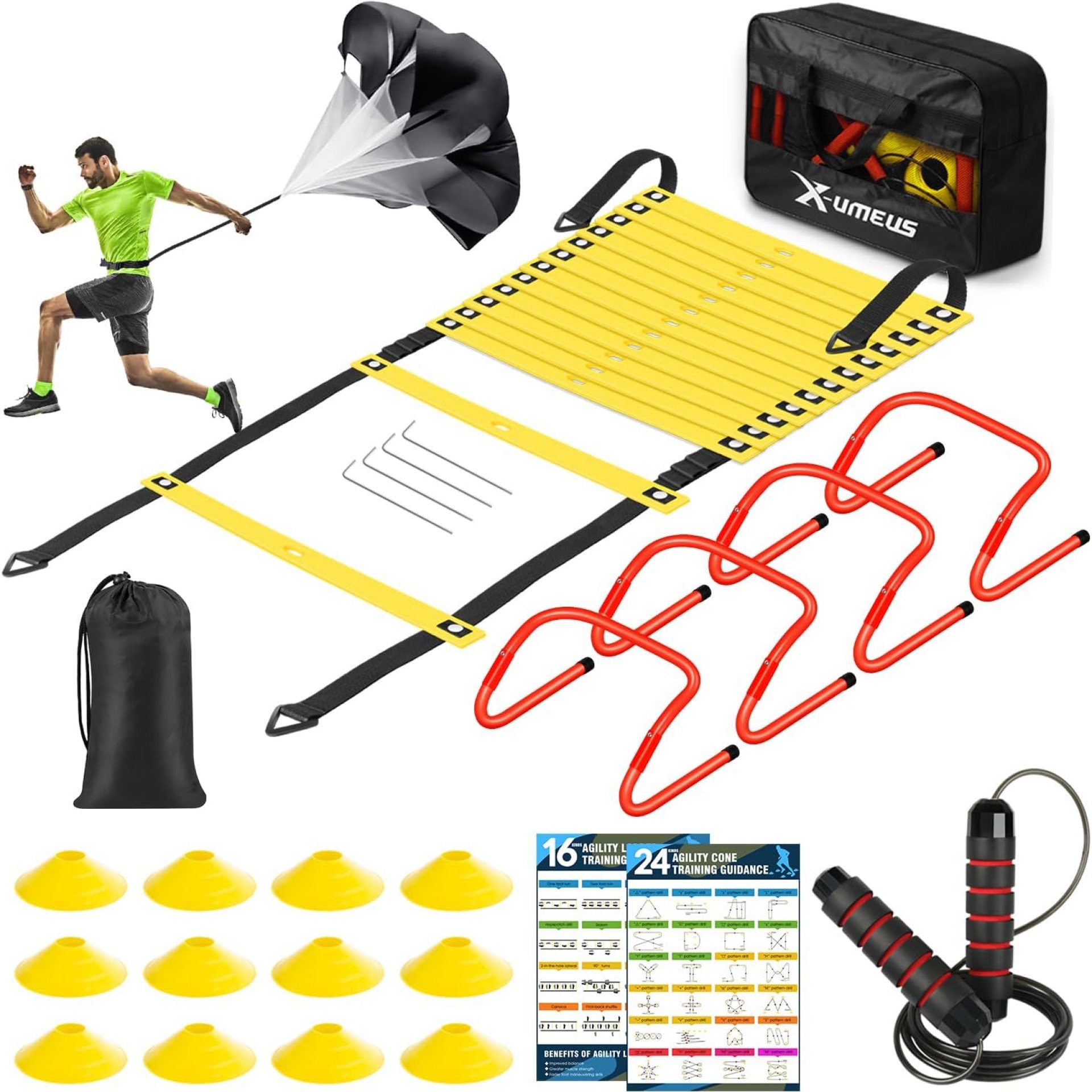 Agility Ladder Speed Training Equipment Set-20ft Agility Ladder,12 Soccer Cones,4 Hurdles, Jump Rope, Running Parachute| Basketball Football Soccer Training Equipment for Kids Youth Adults Agility Ladder Speed Training Equipment Set-20ft Agility Ladder,12 Soccer Cones,4 Hurdles, Jump Rope, Running Parachute| Basketball Football Soccer Training Equipment for Kids Youth Adults