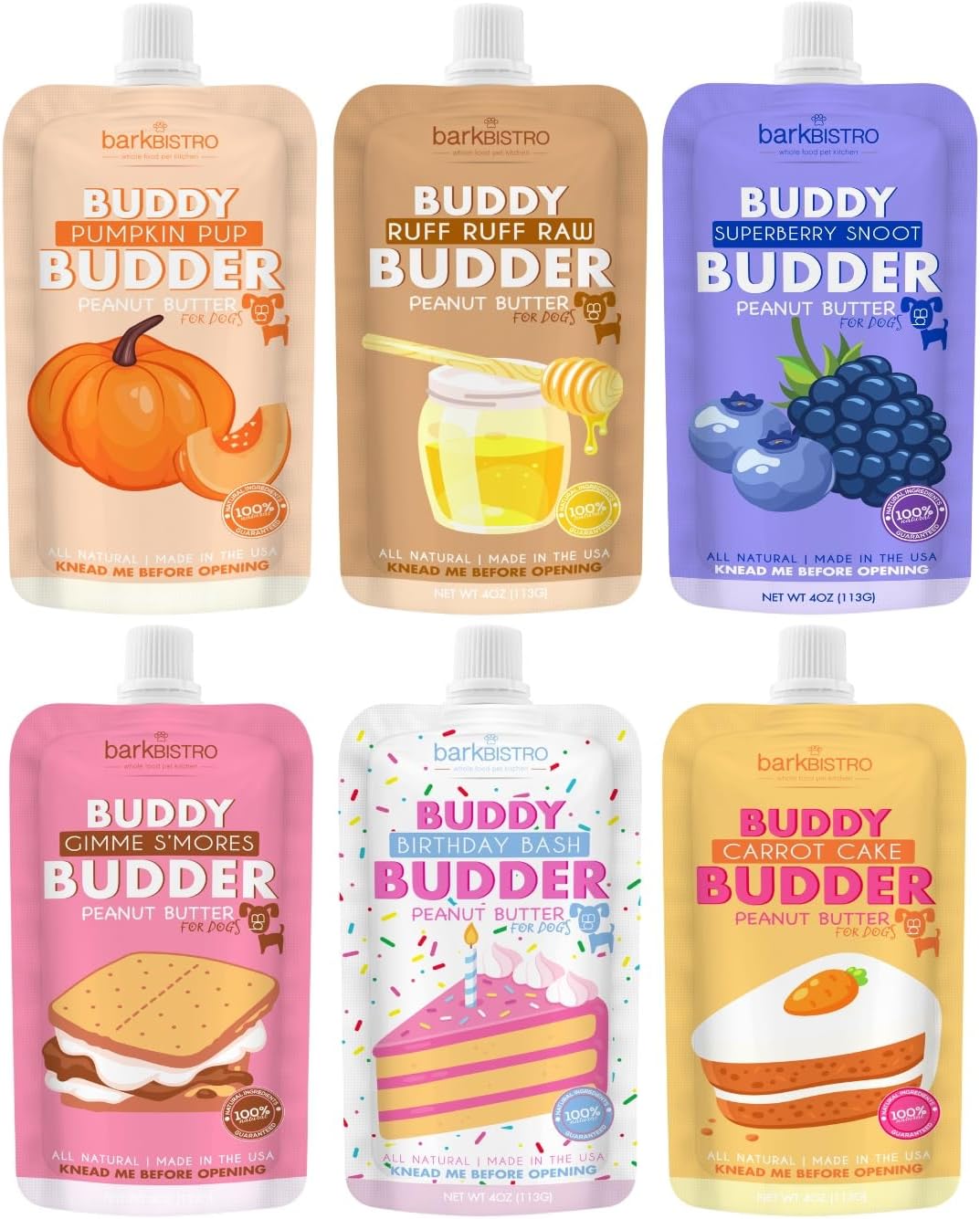 BUDDY BUDDER 6 Pack Mixed Flavor Squeeze Packs, 100% Natural Dog Peanut Butter, Healthy Peanut Butter Dog Treats, Made in USA, (4oz Packs) BUDDY BUDDER 6 Pack Mixed Flavor Squeeze Packs, 100% Natural Dog Peanut Butter, Healthy Peanut Butter Dog Treats, Made in USA, (4oz Packs)
