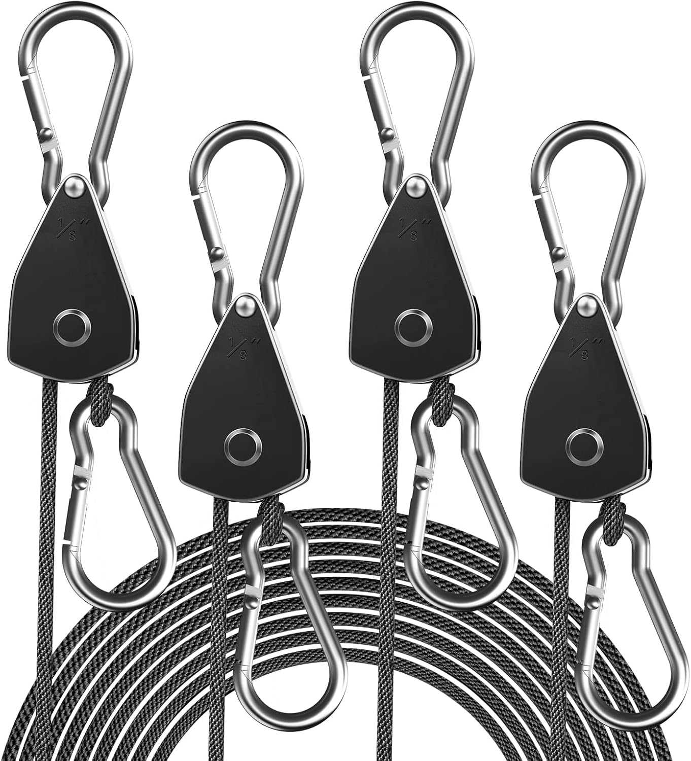4-Pack 1/8″ Adjustable Rope Hanger, Heavy Duty Ratchet Tie Down Strap with Reinforced Metal Gear, Ratcheting Pulley System Kayak Straps for Hanging Plants Grow Light and Various Tie-Down Uses 4-Pack 1/8″ Adjustable Rope Hanger, Heavy Duty Ratchet Tie Down Strap with Reinforced Metal Gear, Ratcheting Pulley System Kayak Straps for Hanging Plants Grow Light and Various Tie-Down Uses
