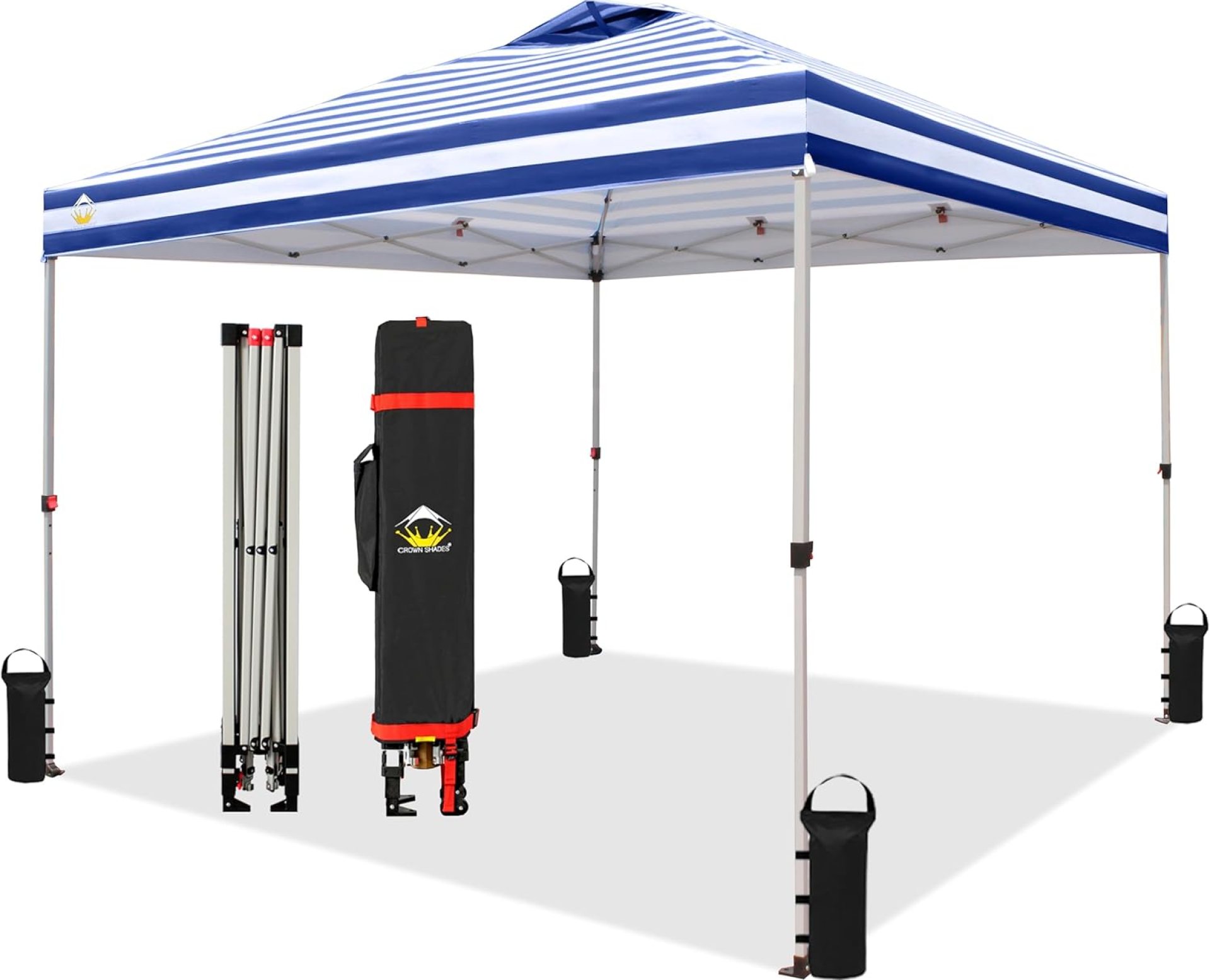 Crown Shades 10×10 Pop Up Canopy – Beach Tent with One Push Setup – Outdoor Sun Shade for Events, Parties, Camping – STO-N-Go Cover Bag, Silver Coated Top, 3 Height& 4 Sand Bags, Navy Blue Stripes Crown Shades 10×10 Pop Up Canopy – Beach Tent with One Push Setup – Outdoor Sun Shade for Events, Parties, Camping – STO-N-Go Cover Bag, Silver Coated Top, 3 Height& 4 Sand Bags, Navy Blue Stripes