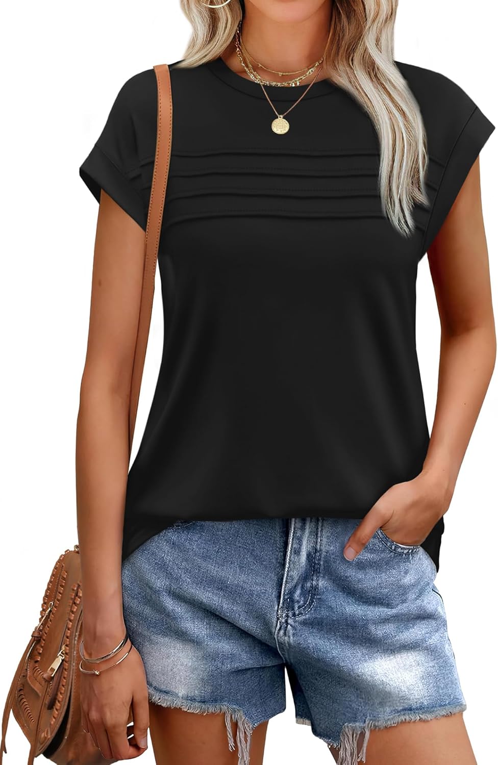 WEESO Womens Summer Tops Trendy 2025 Cap Sleeve T Shirts Crew Neck Pleated Front Clothes Fashion WEESO Womens Summer Tops Trendy 2025 Cap Sleeve T Shirts Crew Neck Pleated Front Clothes Fashion