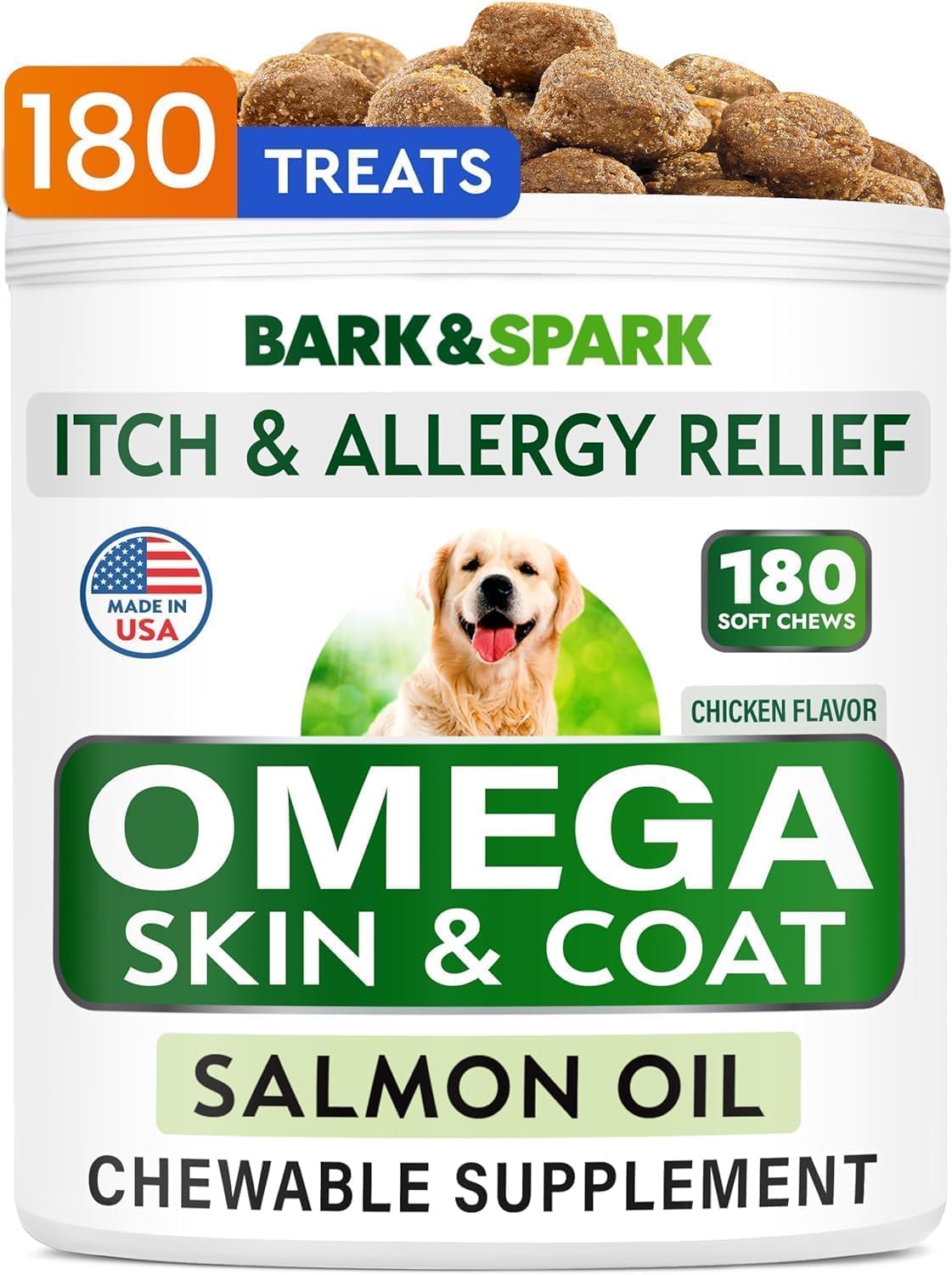 BARK&SPARK Omega 3 for Dogs – 180 Fish Oil Treats for Dog Shedding, Skin Allergy, Itch Relief, Hot Spots Treatment – Joint Health – Skin and Coat Supplement – EPA & DHA Fatty Acids – Salmon Oil BARK&SPARK Omega 3 for Dogs – 180 Fish Oil Treats for Dog Shedding, Skin Allergy, Itch Relief, Hot Spots Treatment – Joint Health – Skin and Coat Supplement – EPA & DHA Fatty Acids – Salmon Oil