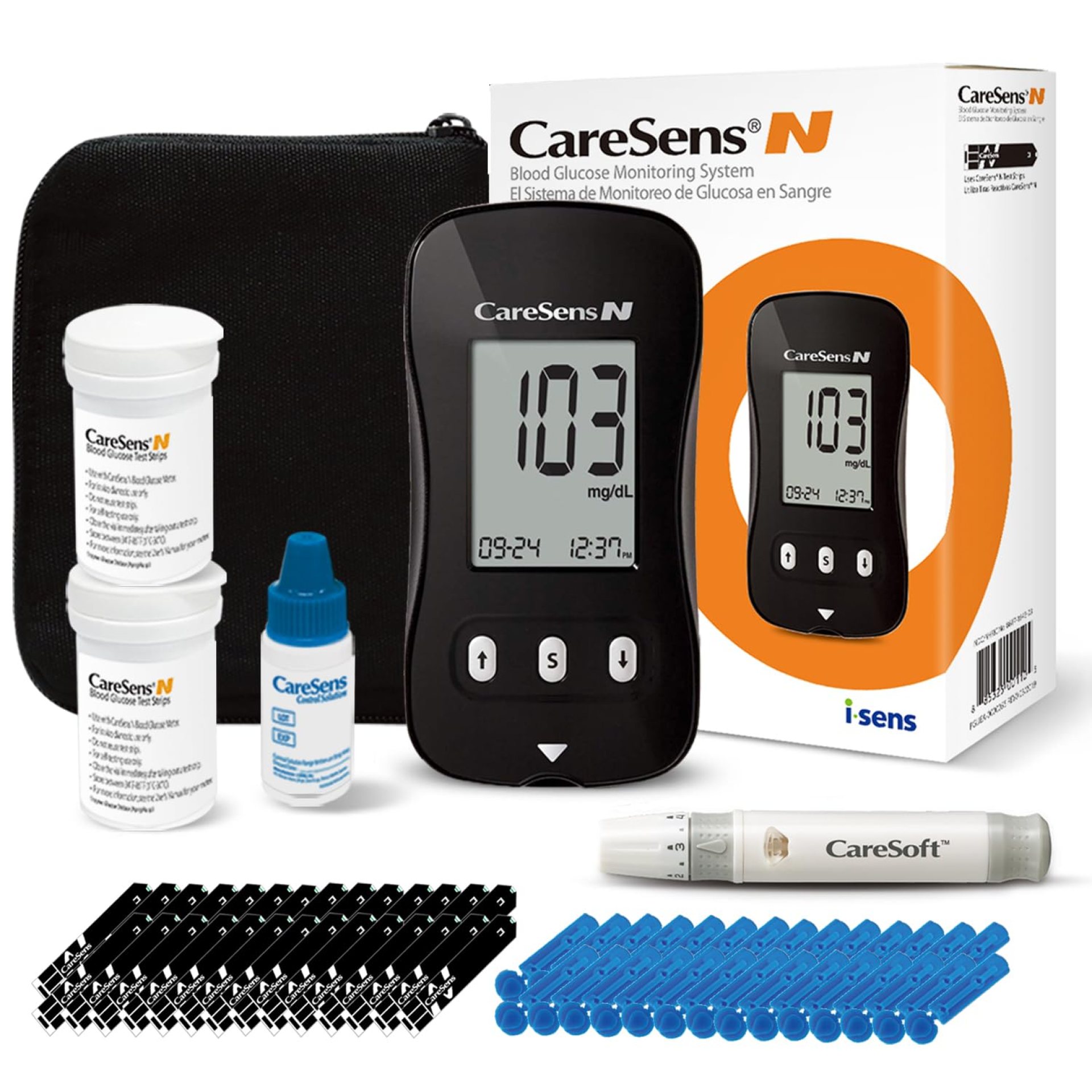 CareSens N Blood Glucose Monitor Kit with 100 Blood Sugar Test Strips, 100 Lancets, 1 Blood Glucose Meter, 1 Lancing Device, 1 Control Solution, Travel Case for Diabetes Testing CareSens N Blood Glucose Monitor Kit with 100 Blood Sugar Test Strips, 100 Lancets, 1 Blood Glucose Meter, 1 Lancing Device, 1 Control Solution, Travel Case for Diabetes Testing