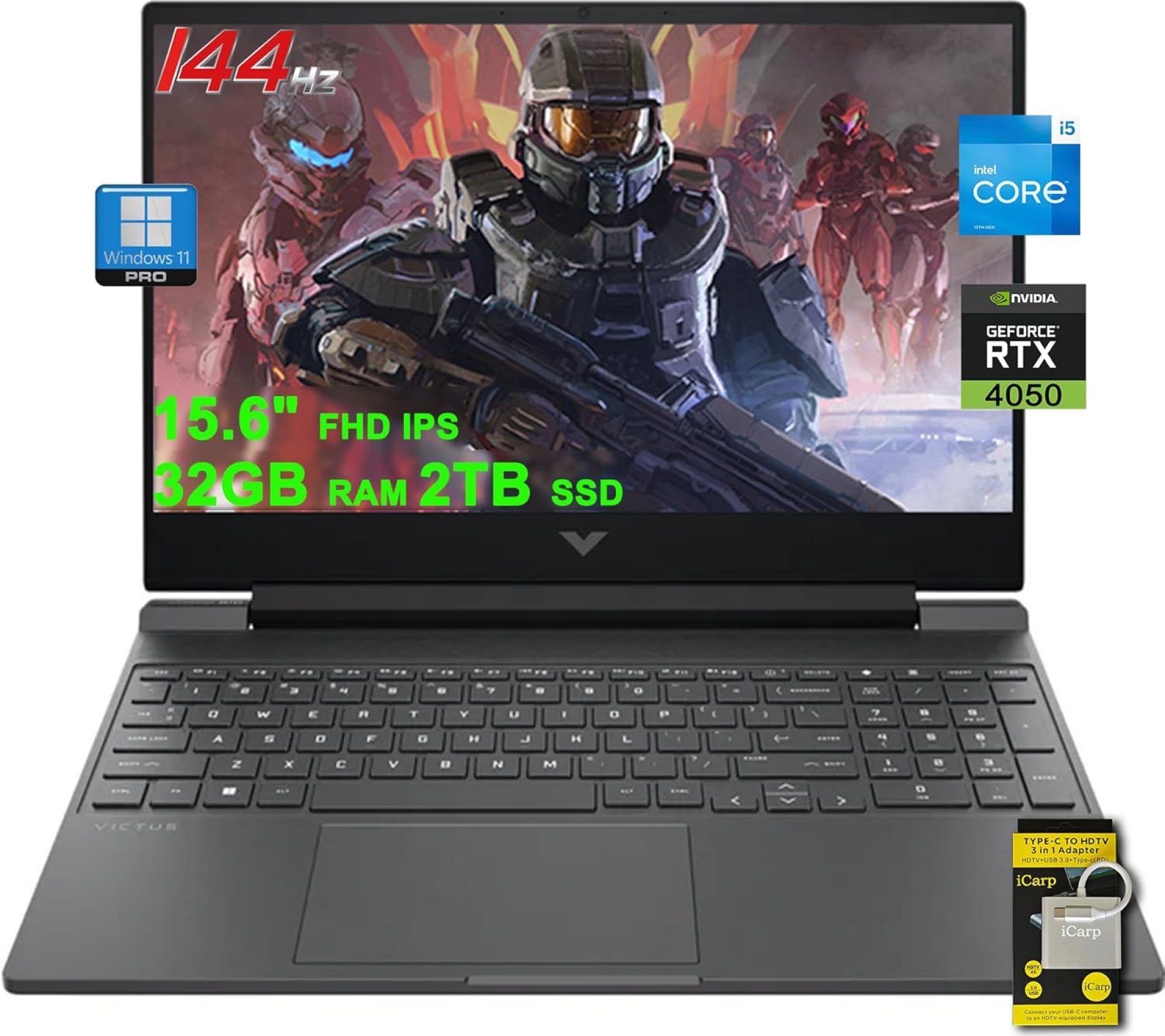 HP Victus Gaming Laptop 15.6″ FHD IPS 144Hz Intel 8-core i5-13420H (>i7-12650H) 32GB RAM 2TB SSD GeForce RTX 4050 6GB Backlit USB-C B&O Fast Charge Win11Pro w/ICP Accessory HP Victus Gaming Laptop 15.6″ FHD IPS 144Hz Intel 8-core i5-13420H (>i7-12650H) 32GB RAM 2TB SSD GeForce RTX 4050 6GB Backlit USB-C B&O Fast Charge Win11Pro w/ICP Accessory