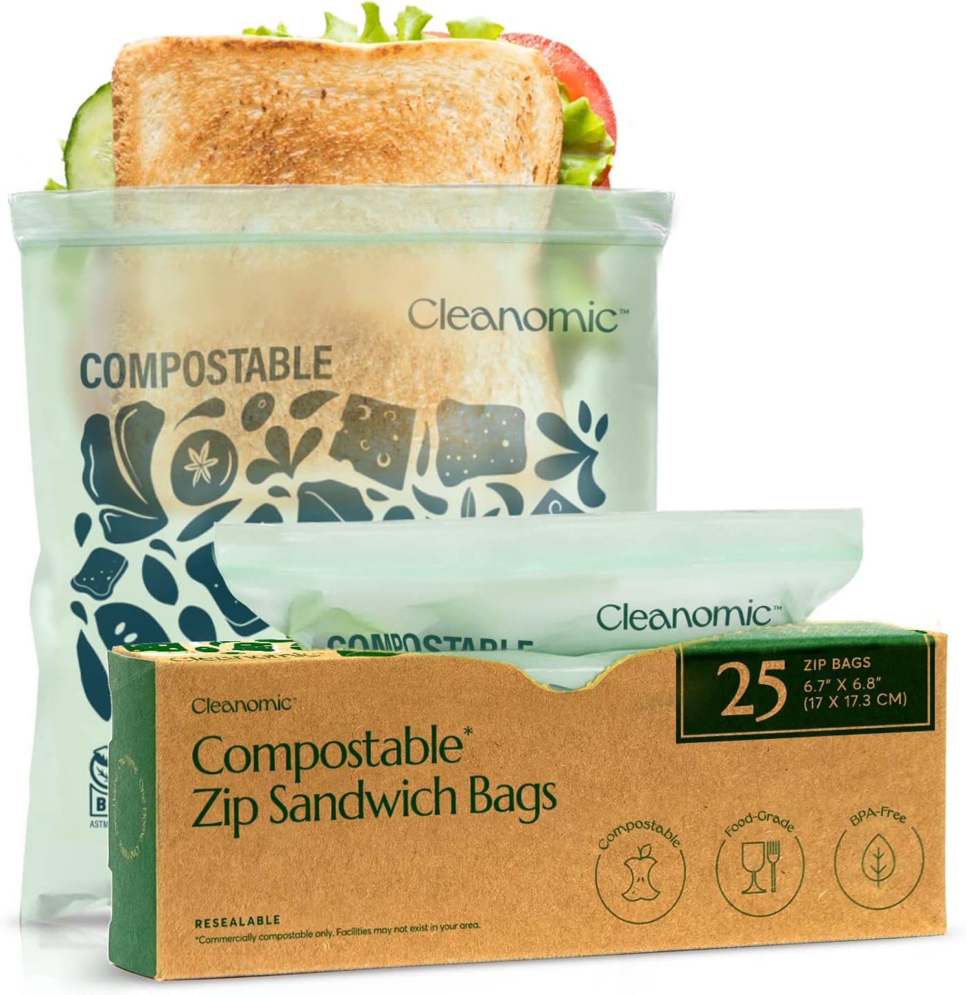 Cleanomic Compostable* Sandwich Size Food Storage Bags (25 Eco Zip) Freezer and Leak Proof, Also Available Gallon, Quart and Snack Size Bags Cleanomic Compostable* Sandwich Size Food Storage Bags (25 Eco Zip) Freezer and Leak Proof, Also Available Gallon, Quart and Snack Size Bags