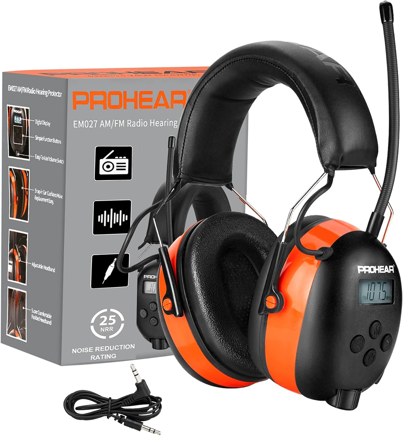 PROHEAR 027 AM FM Radio Headphones with Digital Display, 25dB NRR, Safety Ear Protection Earmuffs for Mowing, Snowblowing, Construction, Work Shops – Orange PROHEAR 027 AM FM Radio Headphones with Digital Display, 25dB NRR, Safety Ear Protection Earmuffs for Mowing, Snowblowing, Construction, Work Shops – Orange