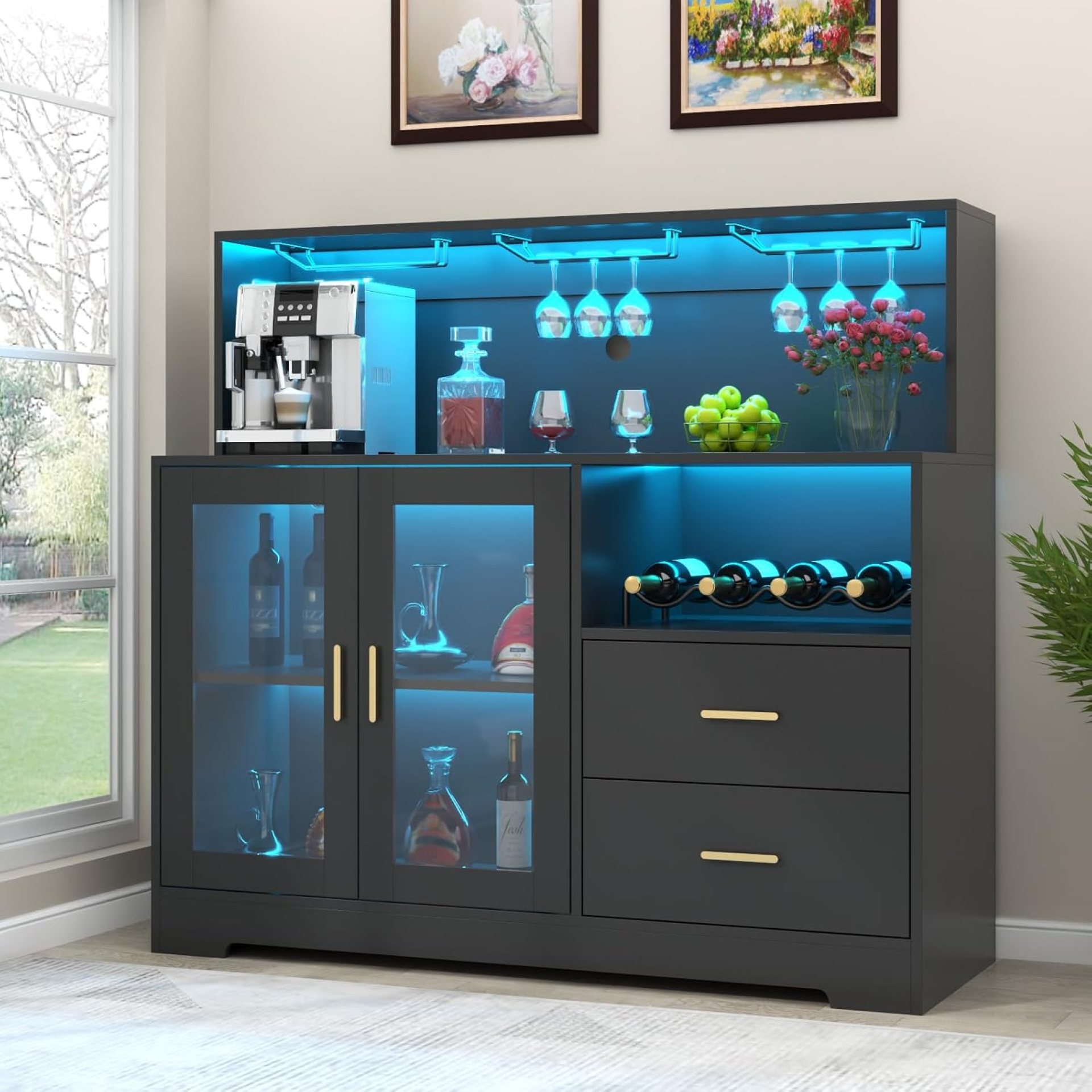 Wine Bar Cabinet with LED Light, Home Coffee Cabinet with Wine and Glass Rack, Kitchen Buffet Sideboard with Storage Cabinet&Drawers, Modern Liquor Cabinet for Living Room Dining Room (Black) Wine Bar Cabinet with LED Light, Home Coffee Cabinet with Wine and Glass Rack, Kitchen Buffet Sideboard with Storage Cabinet&Drawers, Modern Liquor Cabinet for Living Room Dining Room (Black)