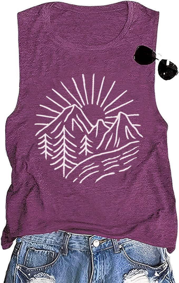 Hiking Mountain Tank Tops for Women Funny Pine Tree Sunrise Graphic Workout Tanks Summer Sleeveless Loose Fit Shirts Tops Hiking Mountain Tank Tops for Women Funny Pine Tree Sunrise Graphic Workout Tanks Summer Sleeveless Loose Fit Shirts Tops