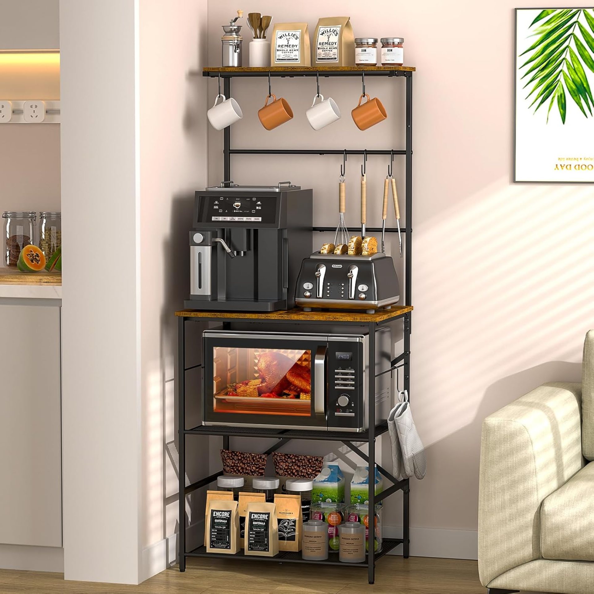 4-Tier Farmhouse Coffee Bar Shelf – Stand with 8 S-Shaped Hooks, Large Space Coffee Station Table for Kitchen & Living Room – 24.41″ W x 15.78″ D x 57.17″ H 4-Tier Farmhouse Coffee Bar Shelf – Stand with 8 S-Shaped Hooks, Large Space Coffee Station Table for Kitchen & Living Room – 24.41″ W x 15.78″ D x 57.17″ H