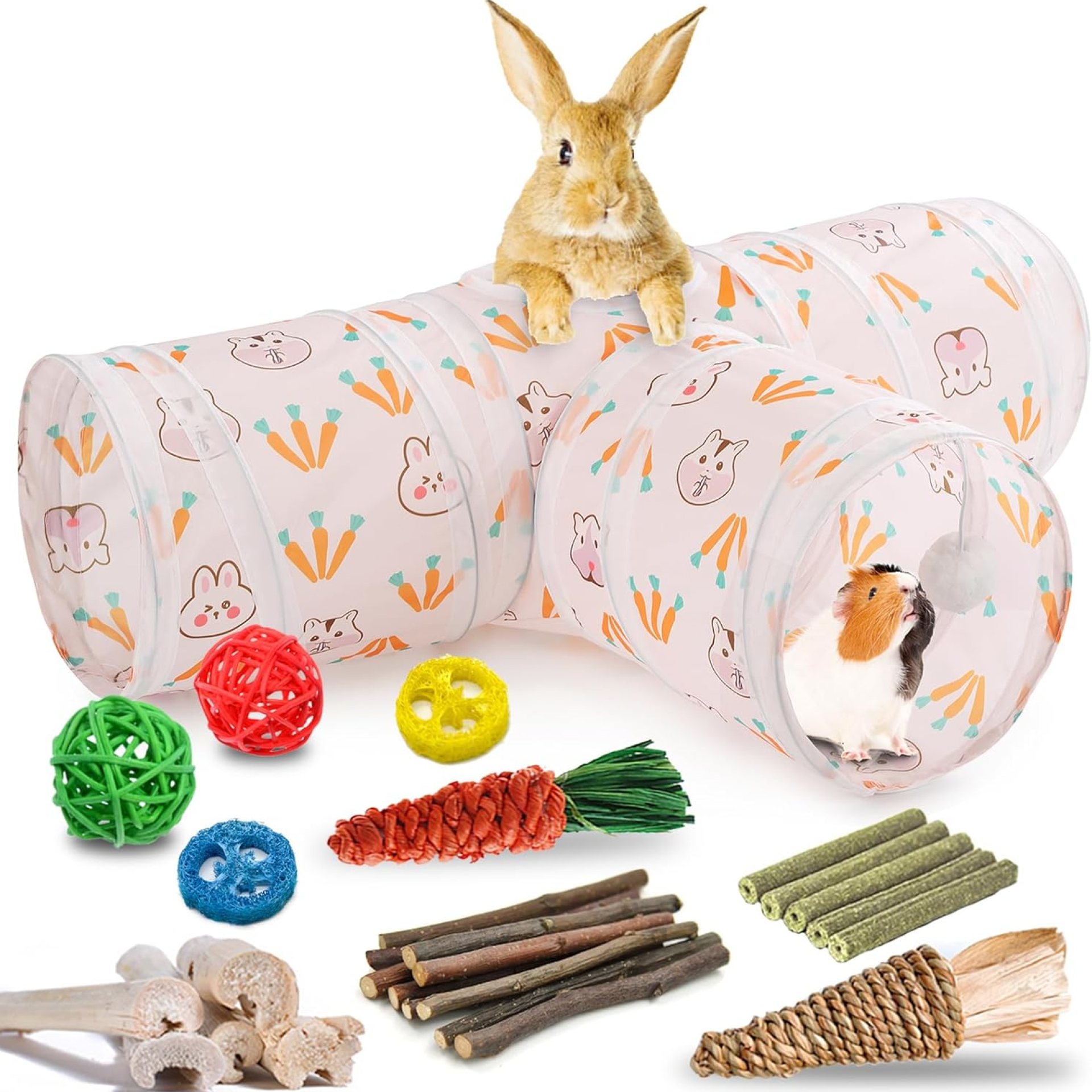 HERCOCCI Rabbit Toys, Bunny Tunnels & Tubes, Collapsible 3 Way Rabbit Hideout Tunnel with Chew Toys for Bunny Guinea Pig Ferret Kitten HERCOCCI Rabbit Toys, Bunny Tunnels & Tubes, Collapsible 3 Way Rabbit Hideout Tunnel with Chew Toys for Bunny Guinea Pig Ferret Kitten