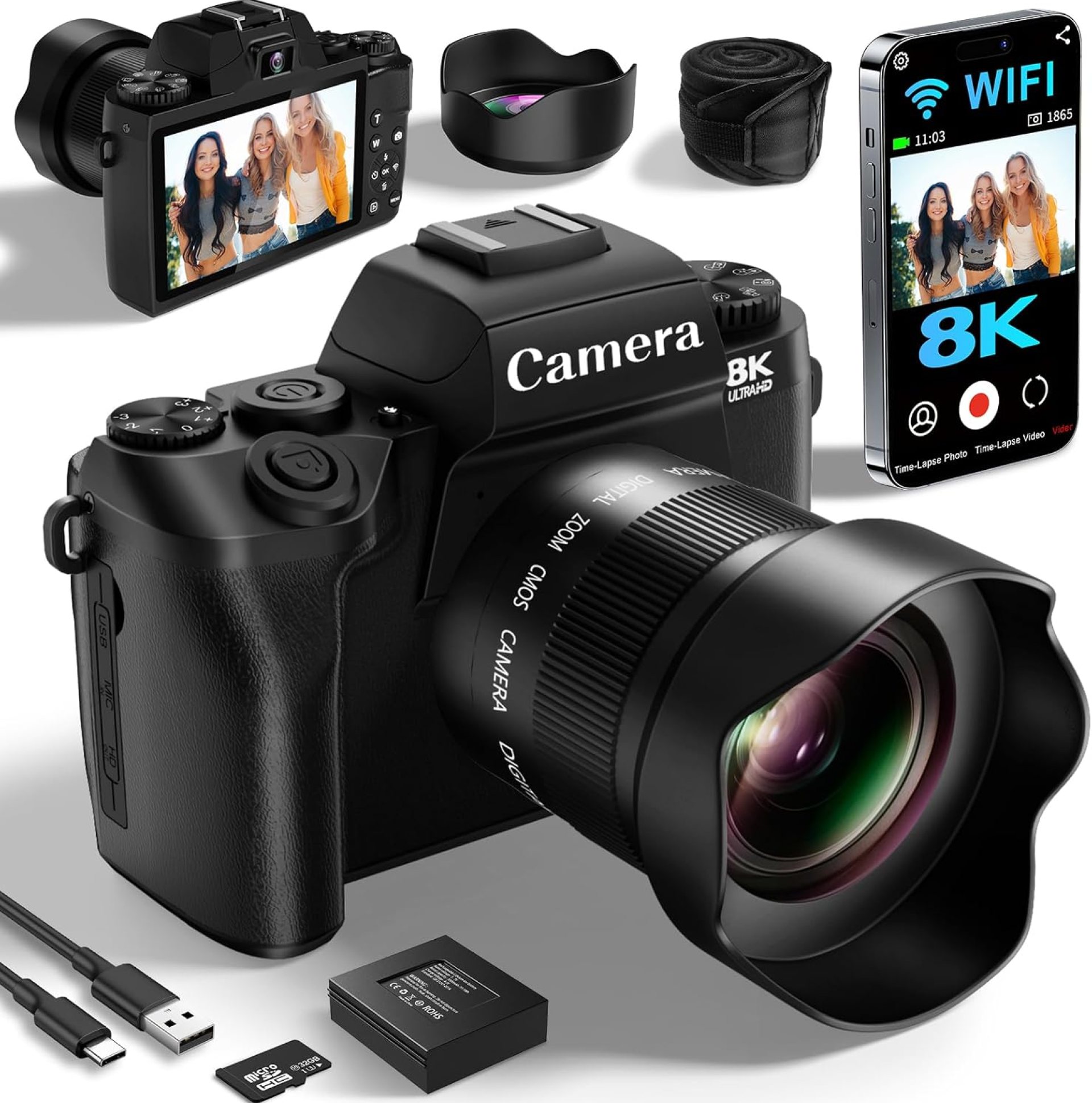 Saneen Digital Camera, 8K Cameras for Photography & Video with 4′ Touch Screen with Flash, 32GB Card, 3000mAH Battery, Front & Rear Vlog Cameras-Black Saneen Digital Camera, 8K Cameras for Photography & Video with 4′ Touch Screen with Flash, 32GB Card, 3000mAH Battery, Front & Rear Vlog Cameras-Black