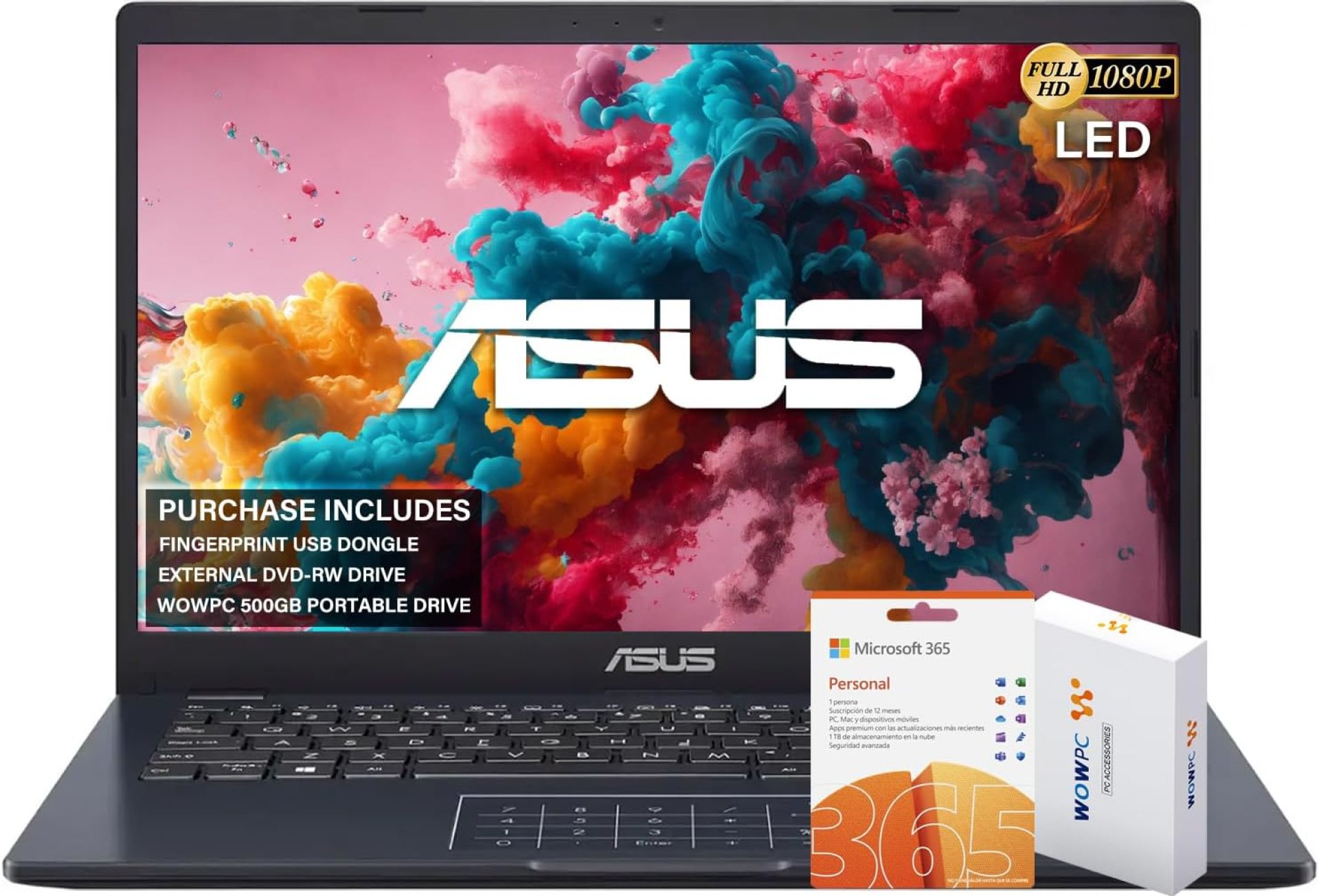ASUS 14″ FHD Laptop, Intel Celeron N4500 Processor, Windows 11 Home, MS Office 365, 4GB RAM, 564GB Storage (500GB External Drive + 64GB eMMC), with WOWPC External DVD & Fingerprint Reader ASUS 14″ FHD Laptop, Intel Celeron N4500 Processor, Windows 11 Home, MS Office 365, 4GB RAM, 564GB Storage (500GB External Drive + 64GB eMMC), with WOWPC External DVD & Fingerprint Reader