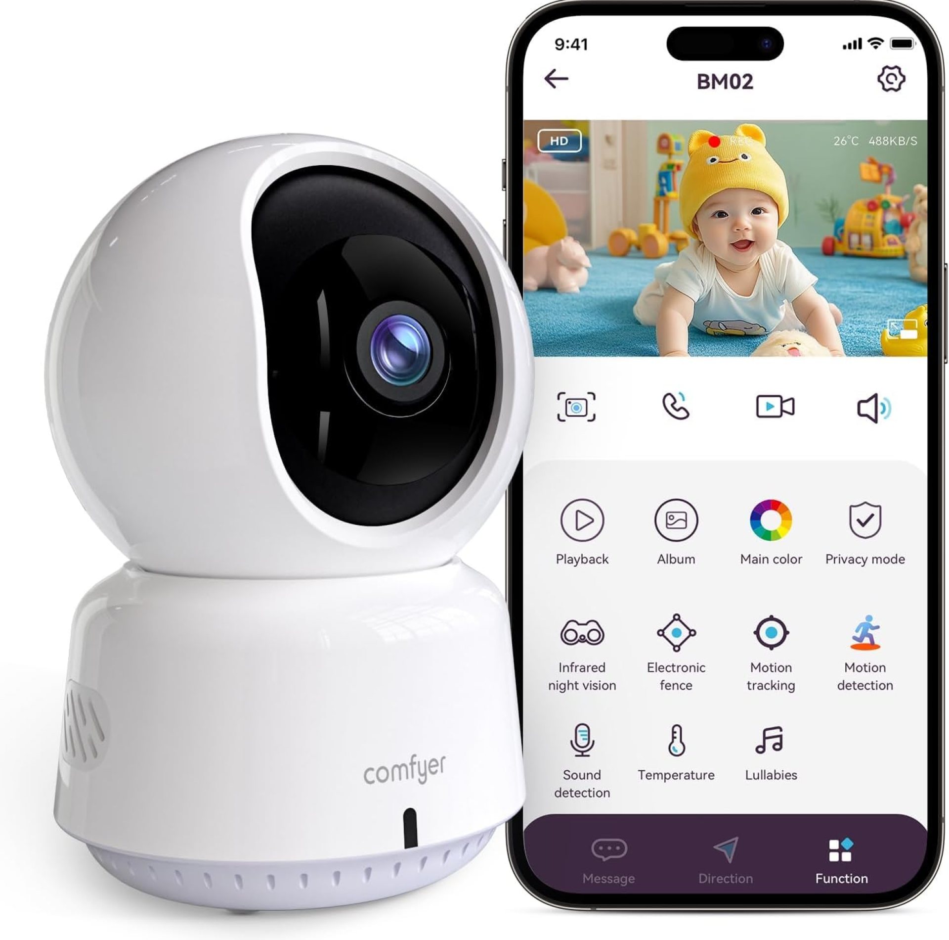 Baby/Pet Monitor for Indoor Security, Monitoring with Smart Phone app, 2K QHD Resolution, Auto Tracking/Motion Dection, 2-Way Audio Talk, Night Vision, Pan-Tilt Camera Baby/Pet Monitor for Indoor Security, Monitoring with Smart Phone app, 2K QHD Resolution, Auto Tracking/Motion Dection, 2-Way Audio Talk, Night Vision, Pan-Tilt Camera
