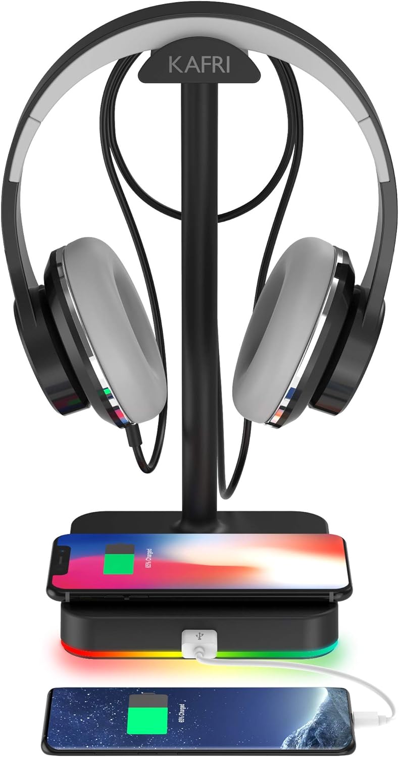 KAFRI RGB Headphone Stand with Wireless Charger Desk Gaming Headset Holder Hanger Rack with 10W/7.5W QI Charging Pad and QC 3.0 USB Port – Suitable for Gamer Desktop Table Game Earphone Accessories KAFRI RGB Headphone Stand with Wireless Charger Desk Gaming Headset Holder Hanger Rack with 10W/7.5W QI Charging Pad and QC 3.0 USB Port – Suitable for Gamer Desktop Table Game Earphone Accessories