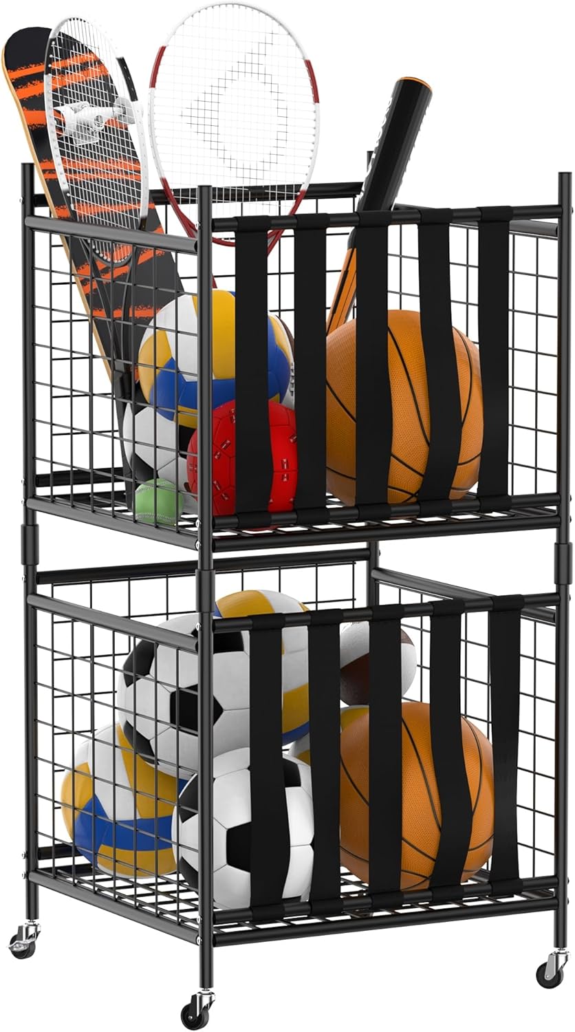 Garage Sports Equipment Organizer, Ball Storage Rack Indoor/Outdoor Rolling Ball Cart with Baskets and Wheels Garage Sports Equipment Organizer, Ball Storage Rack Indoor/Outdoor Rolling Ball Cart with Baskets and Wheels