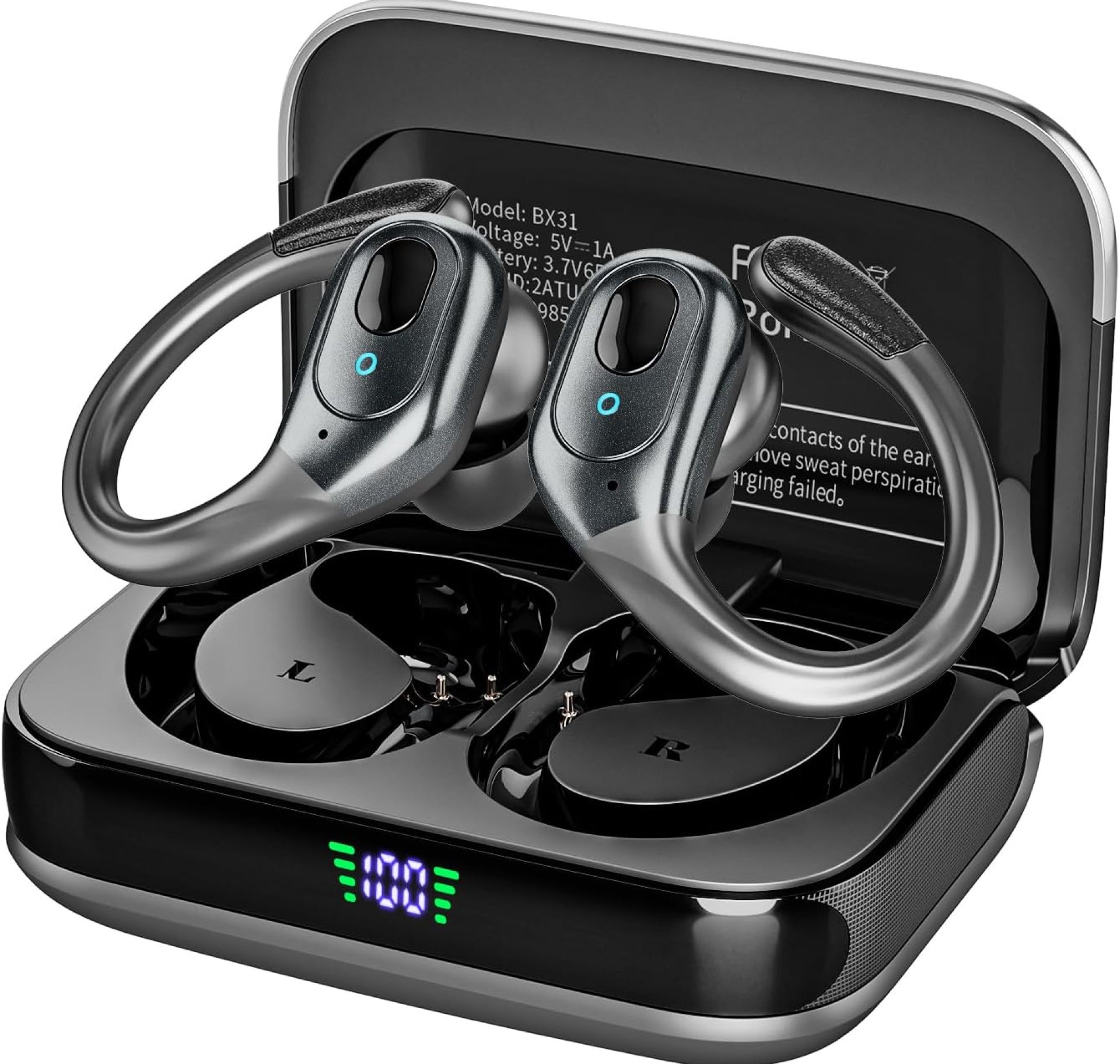 Bluetooth Headphones Wireless Earbuds with 75Hrs Playback, LED Display Charging Case, IPX7 Waterproof, Over-Ear Design Ear Buds for Sports/Running/Workout – Black Bluetooth Headphones Wireless Earbuds with 75Hrs Playback, LED Display Charging Case, IPX7 Waterproof, Over-Ear Design Ear Buds for Sports/Running/Workout – Black
