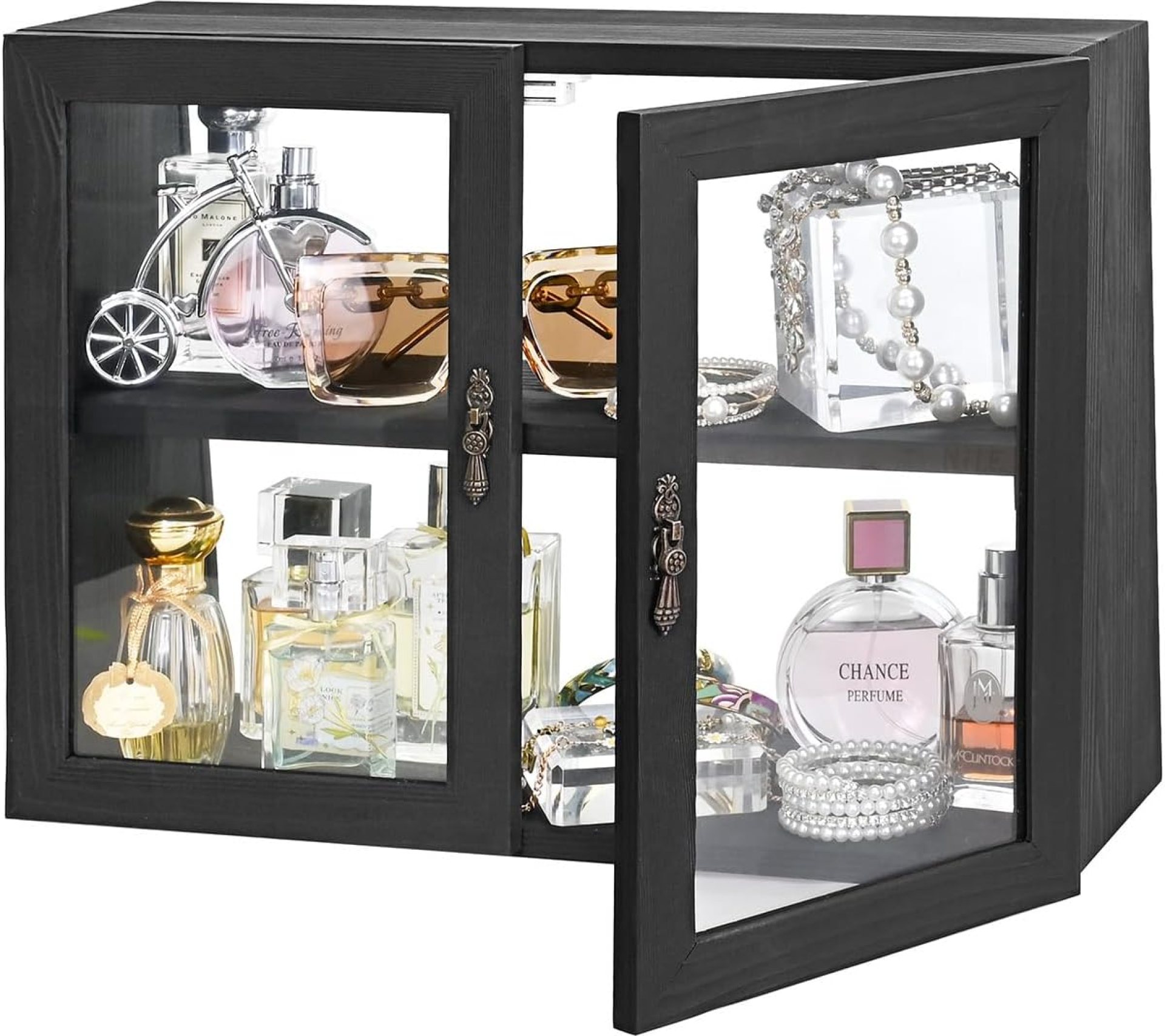 MOOCA Tempered-Glass Wood Display Case with Double Doors, Adjustable 2-level Collection Display Case for Mini Funko Pop Figures, Bakery Pastry Container, Jewelry Organizer Storage, Black Color MOOCA Tempered-Glass Wood Display Case with Double Doors, Adjustable 2-level Collection Display Case for Mini Funko Pop Figures, Bakery Pastry Container, Jewelry Organizer Storage, Black Color
