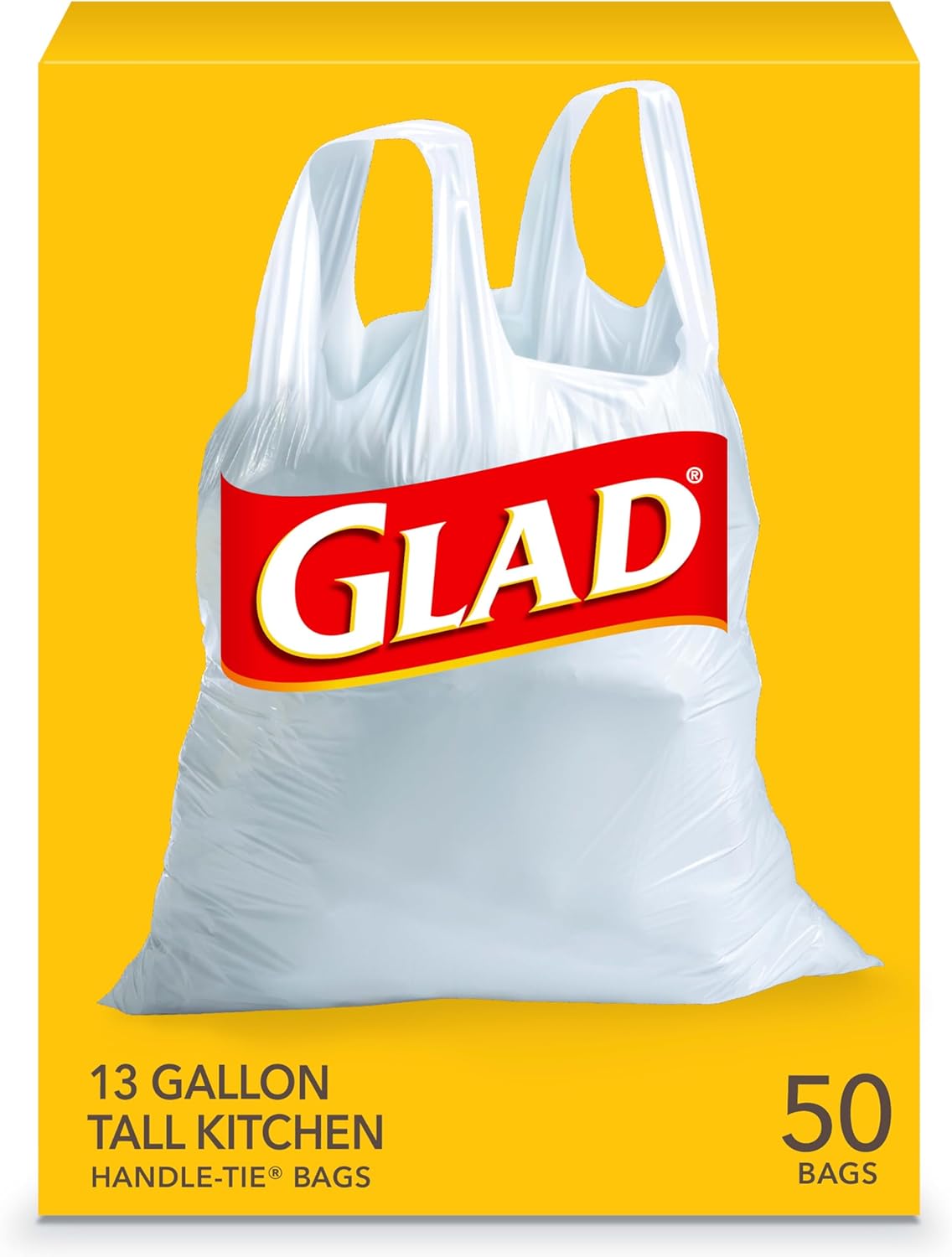 Glad Tall Kitchen Handle-Tie Trash Bags, 13 Gallon White Trash Bag, 50 Ct (Package May Vary) Glad Tall Kitchen Handle-Tie Trash Bags, 13 Gallon White Trash Bag, 50 Ct (Package May Vary)
