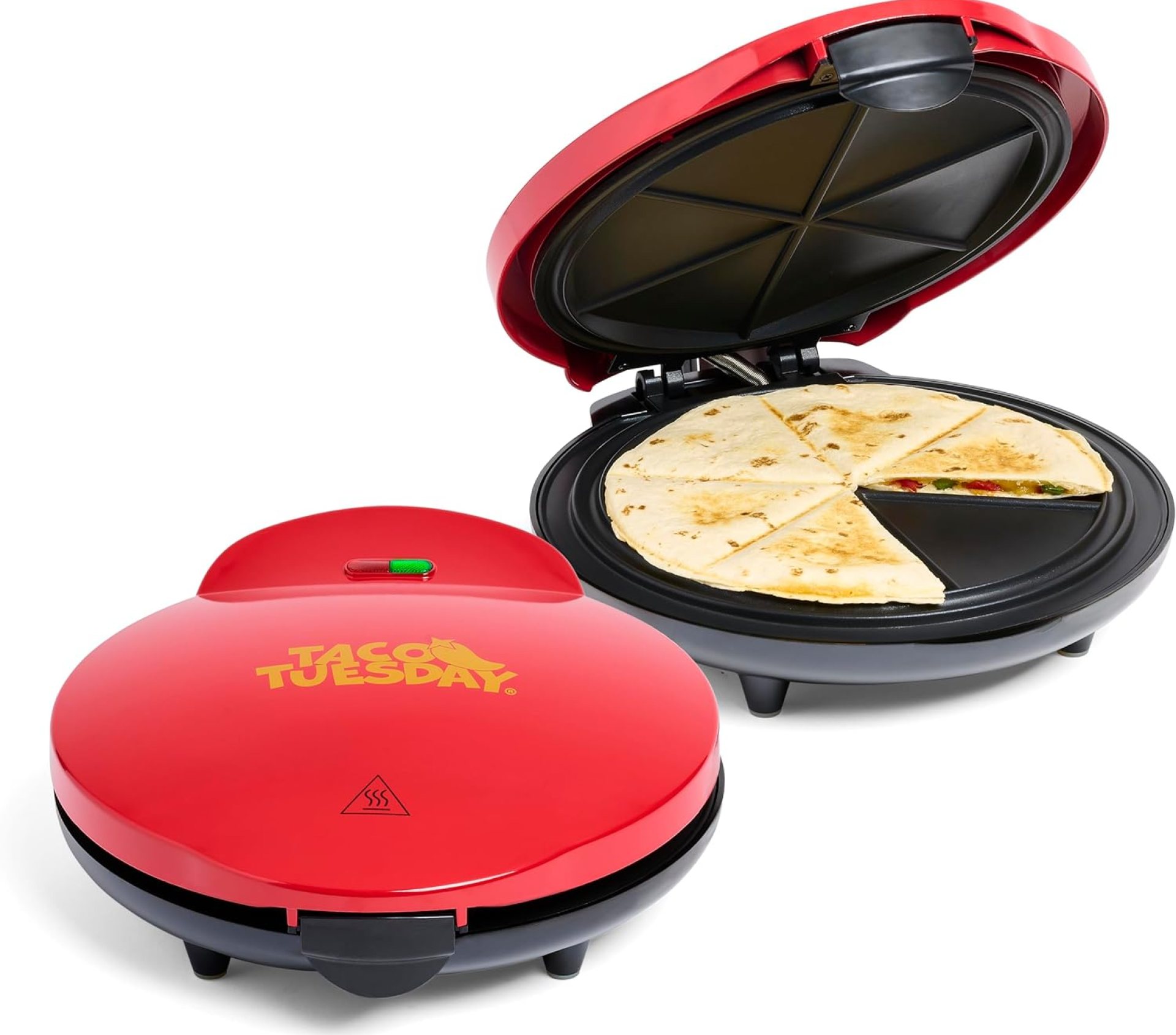 Taco Tuesday Deluxe 10-inch 6-Wedge Electric Quesadilla Maker with Extra Stuffing Latch, Red Taco Tuesday Deluxe 10-inch 6-Wedge Electric Quesadilla Maker with Extra Stuffing Latch, Red