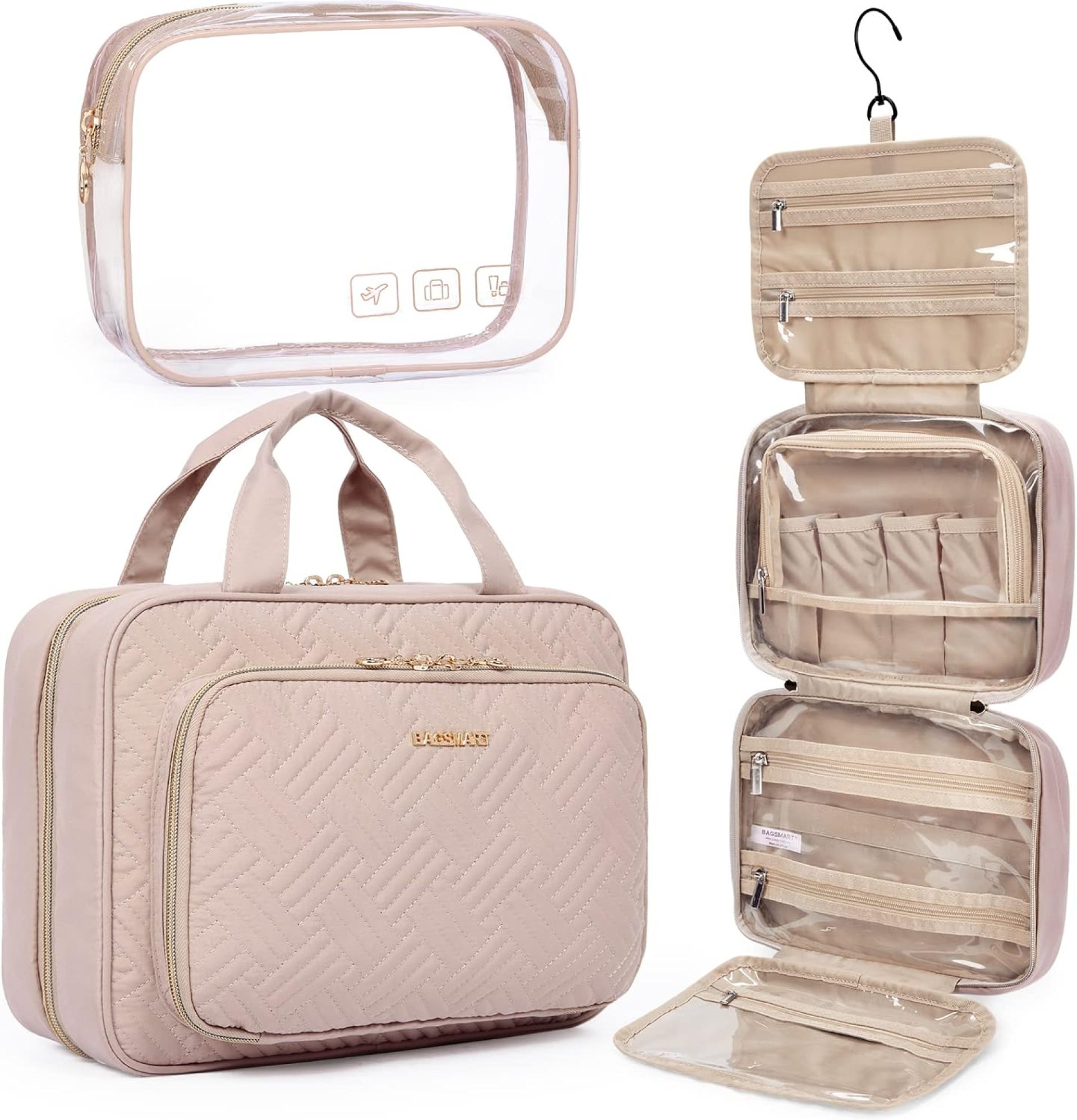 BAGSMART Toiletry Bag Hanging Travel Makeup Organizer with TSA Approved Transparent Cosmetic Bag Makeup Bag for Full Sized Toiletries, Medium-Pink BAGSMART Toiletry Bag Hanging Travel Makeup Organizer with TSA Approved Transparent Cosmetic Bag Makeup Bag for Full Sized Toiletries, Medium-Pink