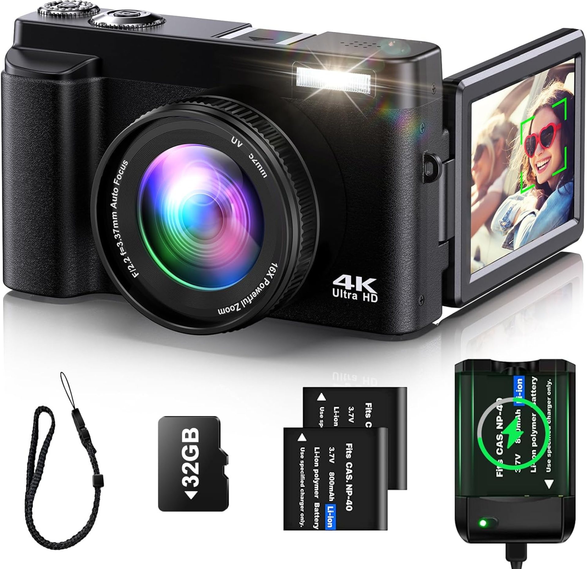4K Digital Camera for Photography Auto-Focus Vlogging Camera for YouTube Video with 3” 180° Flip Screen 16X Anti-Shake 4K Camera Compact Cameras with SD Card, Flash, 2 Batteries & Battery Charger 4K Digital Camera for Photography Auto-Focus Vlogging Camera for YouTube Video with 3” 180° Flip Screen 16X Anti-Shake 4K Camera Compact Cameras with SD Card, Flash, 2 Batteries & Battery Charger