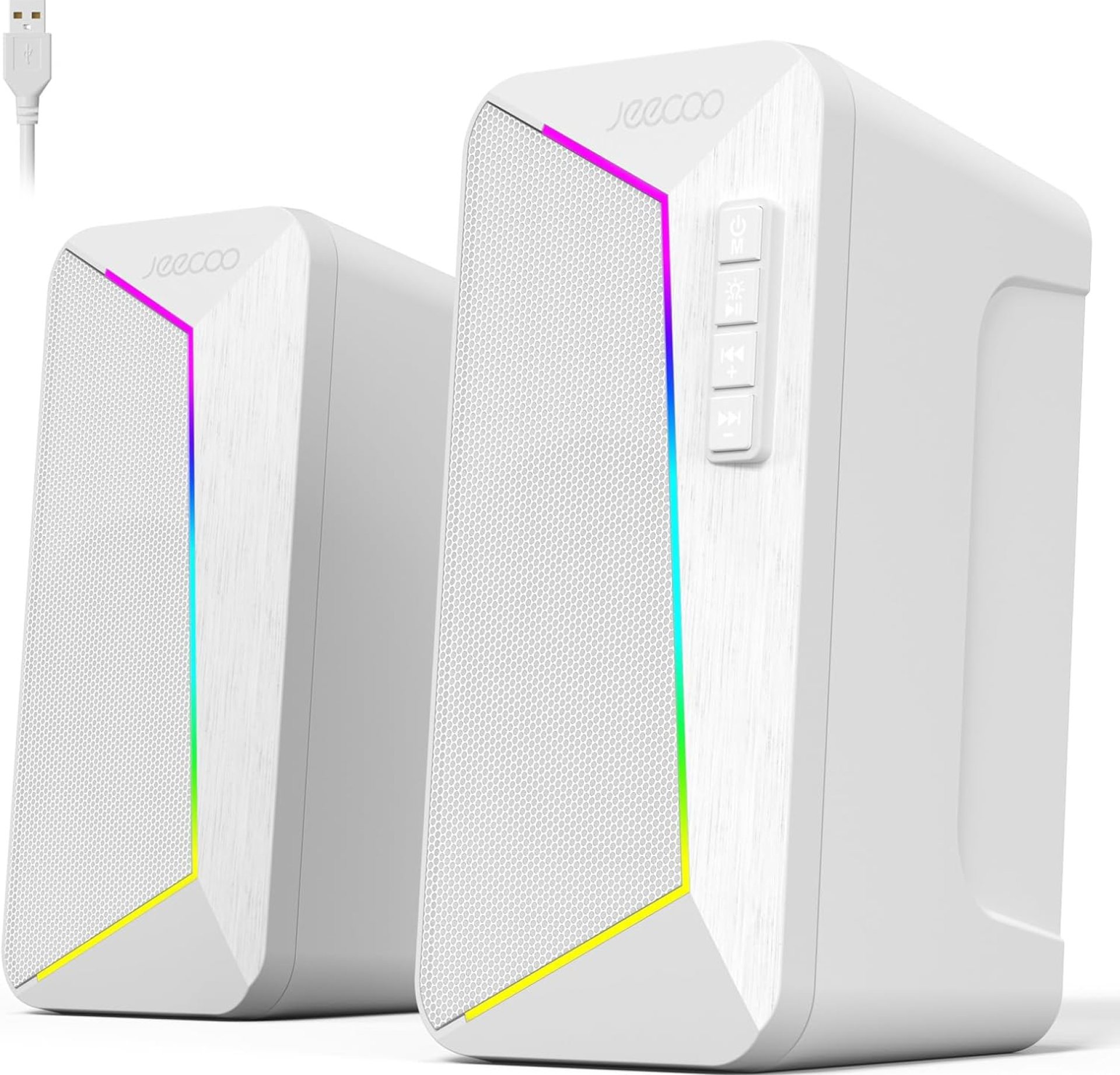 Jeecoo M30 Bluetooth Computer Speakers, PC Gaming Speakers for Desktop with Crisp Stereo Sound, Dynamic LED Modes, Easy-Access Control, 10W – USB-Powered, White Jeecoo M30 Bluetooth Computer Speakers, PC Gaming Speakers for Desktop with Crisp Stereo Sound, Dynamic LED Modes, Easy-Access Control, 10W – USB-Powered, White