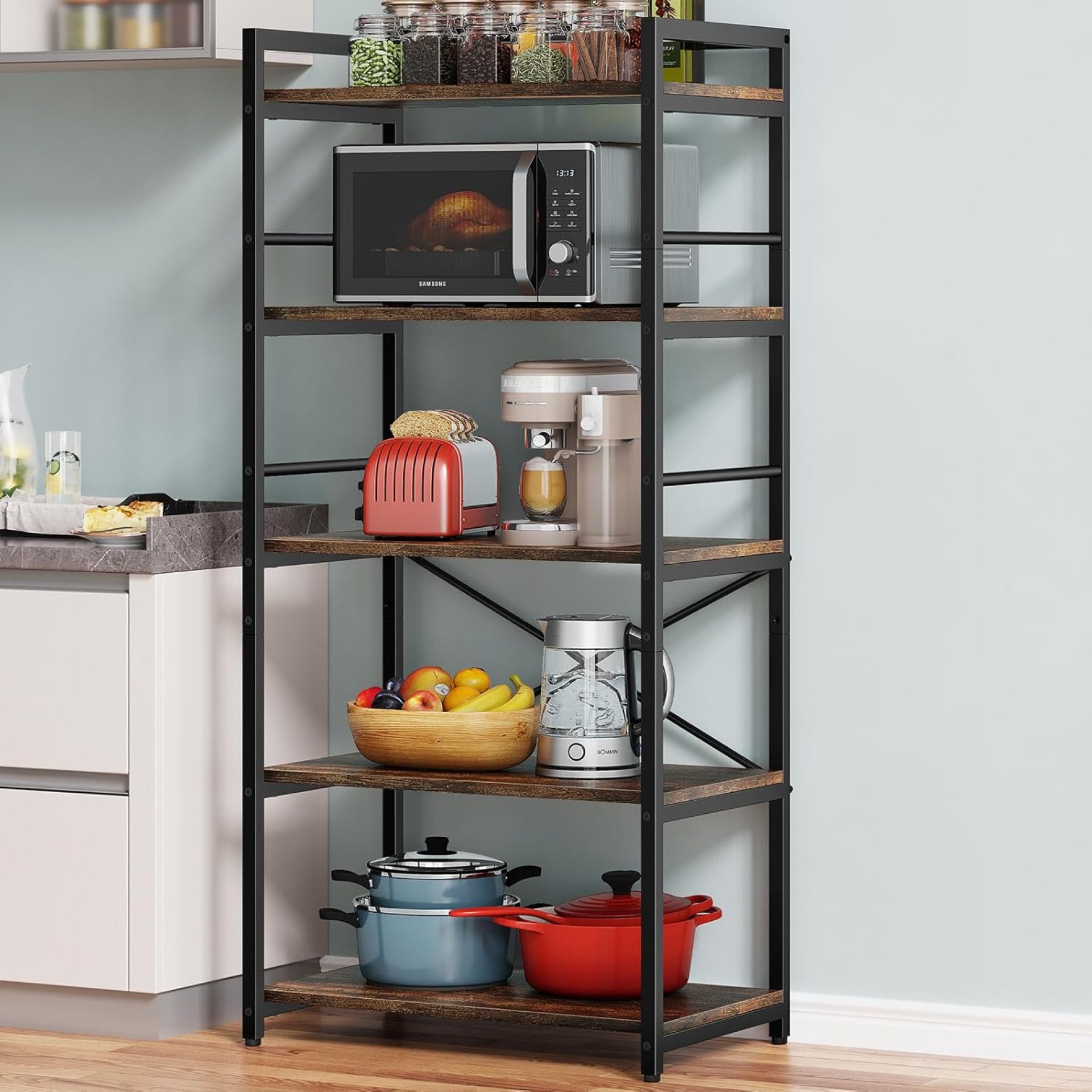 Denkee 5-Tier Bakers Rack for Kitchen with Storage, Industrial Microwave Stand Shelf, Coffee Bar for Small Spaces, Free Standing Kitchen Storage Shelf Rack, 23.62″ L x 15.75″ W x 60.24″ H Denkee 5-Tier Bakers Rack for Kitchen with Storage, Industrial Microwave Stand Shelf, Coffee Bar for Small Spaces, Free Standing Kitchen Storage Shelf Rack, 23.62″ L x 15.75″ W x 60.24″ H