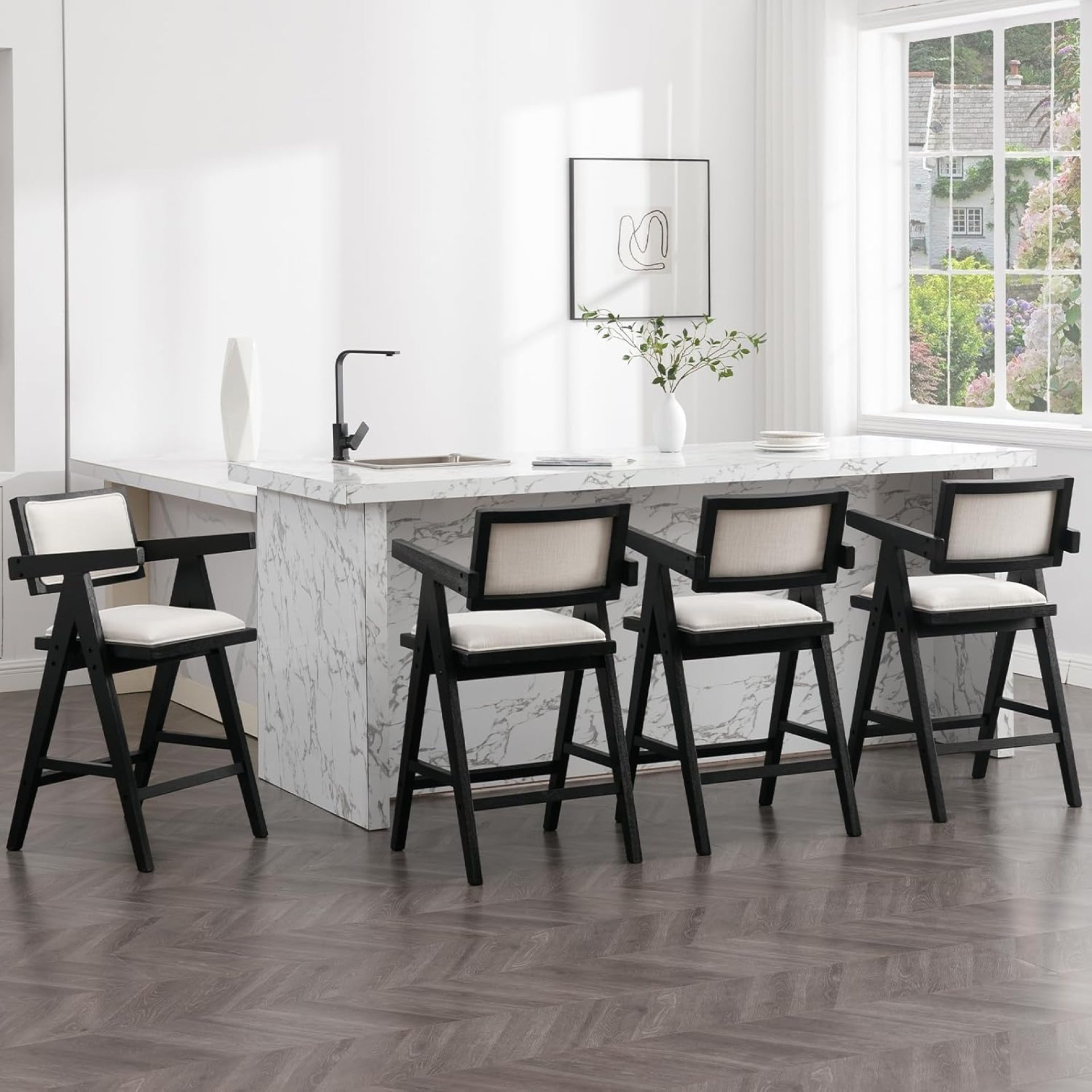 26″ Wood Counter Height Barstools with Arms Set of 4, Black and White Linen Upholstered Counter Stools with Floating Backrest, Wood Bar Chair with Footrest for Kitchen Island/Home Bar 26″ Wood Counter Height Barstools with Arms Set of 4, Black and White Linen Upholstered Counter Stools with Floating Backrest, Wood Bar Chair with Footrest for Kitchen Island/Home Bar