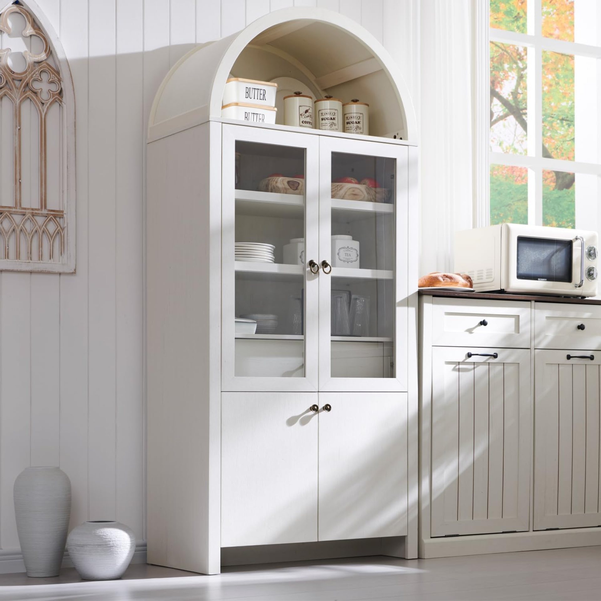 71″ Tall Arched Kitchen Pantry Cabinet, Modern Farmhouse Kitchen Storage Cabinets with Open & Adjustable Shelves, Hidden Drawer & Glass Door, Versatile Cupboard for Kitchens, Dining Room, White 71″ Tall Arched Kitchen Pantry Cabinet, Modern Farmhouse Kitchen Storage Cabinets with Open & Adjustable Shelves, Hidden Drawer & Glass Door, Versatile Cupboard for Kitchens, Dining Room, White
