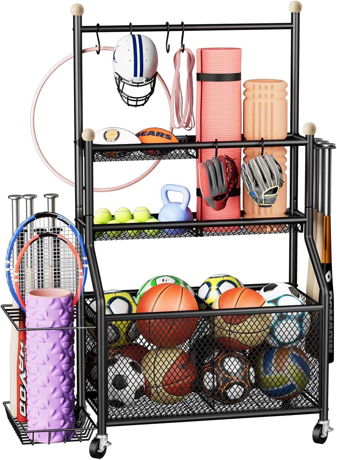 Garage Sports Equipment Organizer, Garage Ball Storage Rack with Basket and 6 S-Hooks, Garage Toy Organizer, Heavy Duty Sports Organizer for Garage, Rolling Ball Cart with Wheels, Black Garage Sports Equipment Organizer, Garage Ball Storage Rack with Basket and 6 S-Hooks, Garage Toy Organizer, Heavy Duty Sports Organizer for Garage, Rolling Ball Cart with Wheels, Black