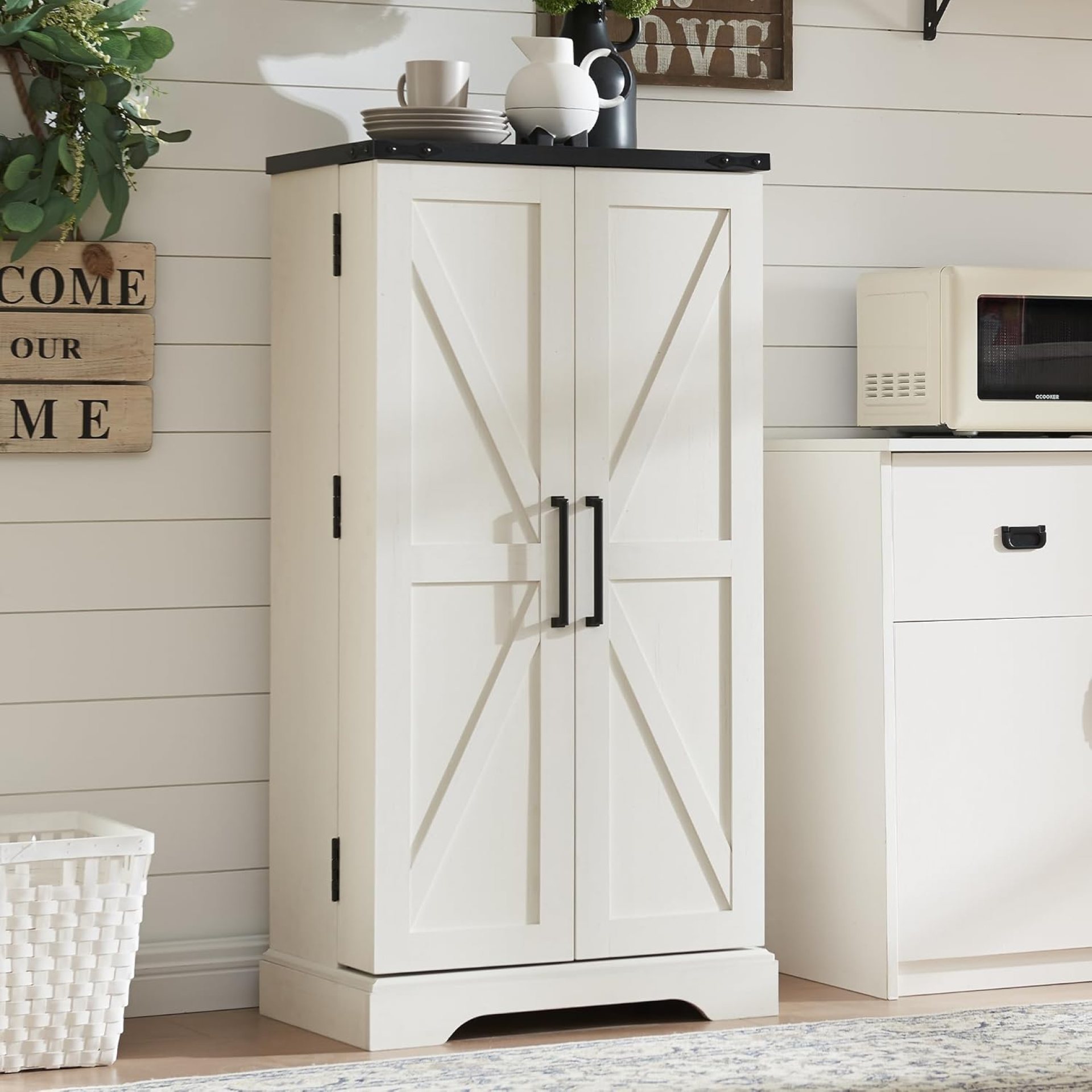 47″ Kitchen Pantry, Farmhouse Storage Cabinet with Barn Doors, Organizer and Adjustable Shelves, Rustic Wood Cupboard for Kitchen, Dining Room, Bathroom and Hallway, Off White 47″ Kitchen Pantry, Farmhouse Storage Cabinet with Barn Doors, Organizer and Adjustable Shelves, Rustic Wood Cupboard for Kitchen, Dining Room, Bathroom and Hallway, Off White