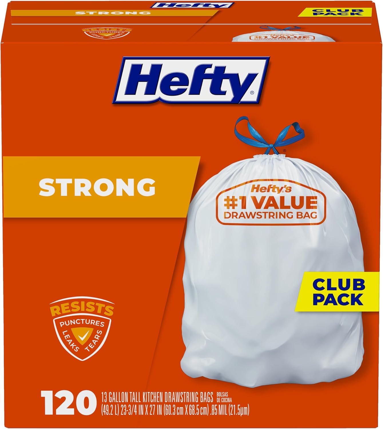 Hefty Strong White 13 Gallon Trash Bags with Drawstrings, Unscented Tall Kitchen Trash Bags, Resists Leaks, Punctures, and Tears, Durable Closure, 120 Ct. Hefty Strong White 13 Gallon Trash Bags with Drawstrings, Unscented Tall Kitchen Trash Bags, Resists Leaks, Punctures, and Tears, Durable Closure, 120 Ct.