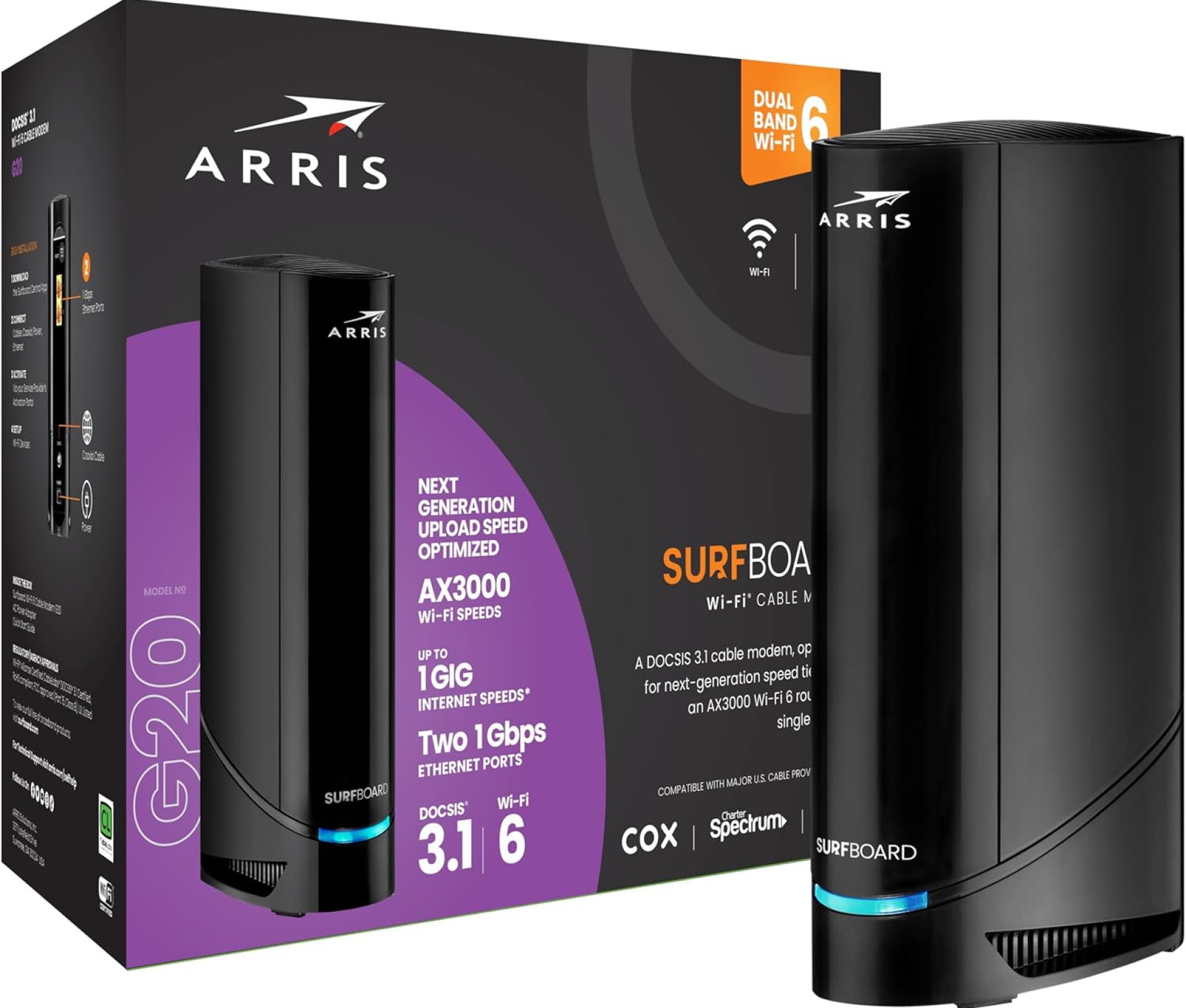 ARRIS (G20) – Cable Modem Router Combo – Fast DOCSIS 3.1 Multi-Gigabit WiFi 6 (AX3000), Approved for Comcast Xfinity, Cox, Spectrum & More, 1.0 Gbps Max Speeds, Next-Generation Upload Optimized ARRIS (G20) – Cable Modem Router Combo – Fast DOCSIS 3.1 Multi-Gigabit WiFi 6 (AX3000), Approved for Comcast Xfinity, Cox, Spectrum & More, 1.0 Gbps Max Speeds, Next-Generation Upload Optimized