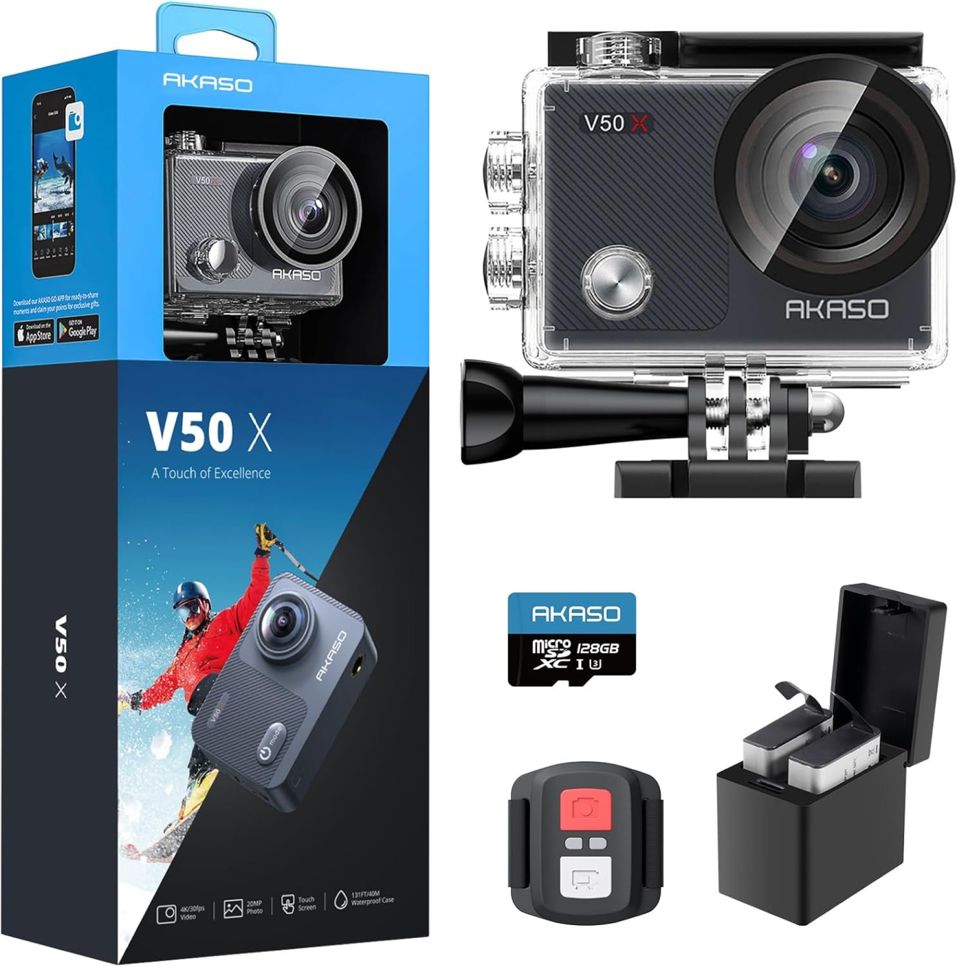 AKASO V50X Native 4K30fps WiFi Action Camera with EIS Touch Screen 4X Zoom 131 feet Waterproof Camera Support External Mic Remote Control with Helmet Accessories (with 128GB MicroSD Card) AKASO V50X Native 4K30fps WiFi Action Camera with EIS Touch Screen 4X Zoom 131 feet Waterproof Camera Support External Mic Remote Control with Helmet Accessories (with 128GB MicroSD Card)