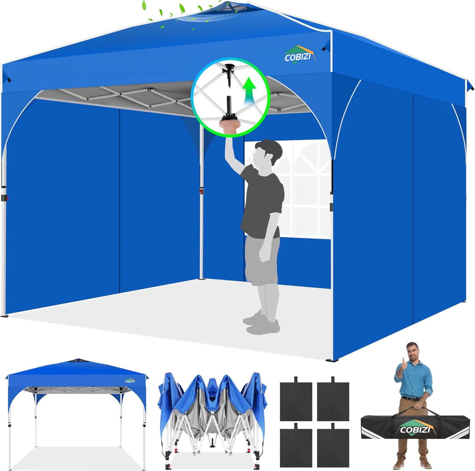 COBIZI Canopy Tent 10×10, Easy Up 10×10 Pop Up Canopy Tent for Party Camping, Party Tents with One Push Central Button Air Vent, Outdoor Gazebo Canopy Tent with Sidewalls and Reflective Strip(Blue) COBIZI Canopy Tent 10×10, Easy Up 10×10 Pop Up Canopy Tent for Party Camping, Party Tents with One Push Central Button Air Vent, Outdoor Gazebo Canopy Tent with Sidewalls and Reflective Strip(Blue)