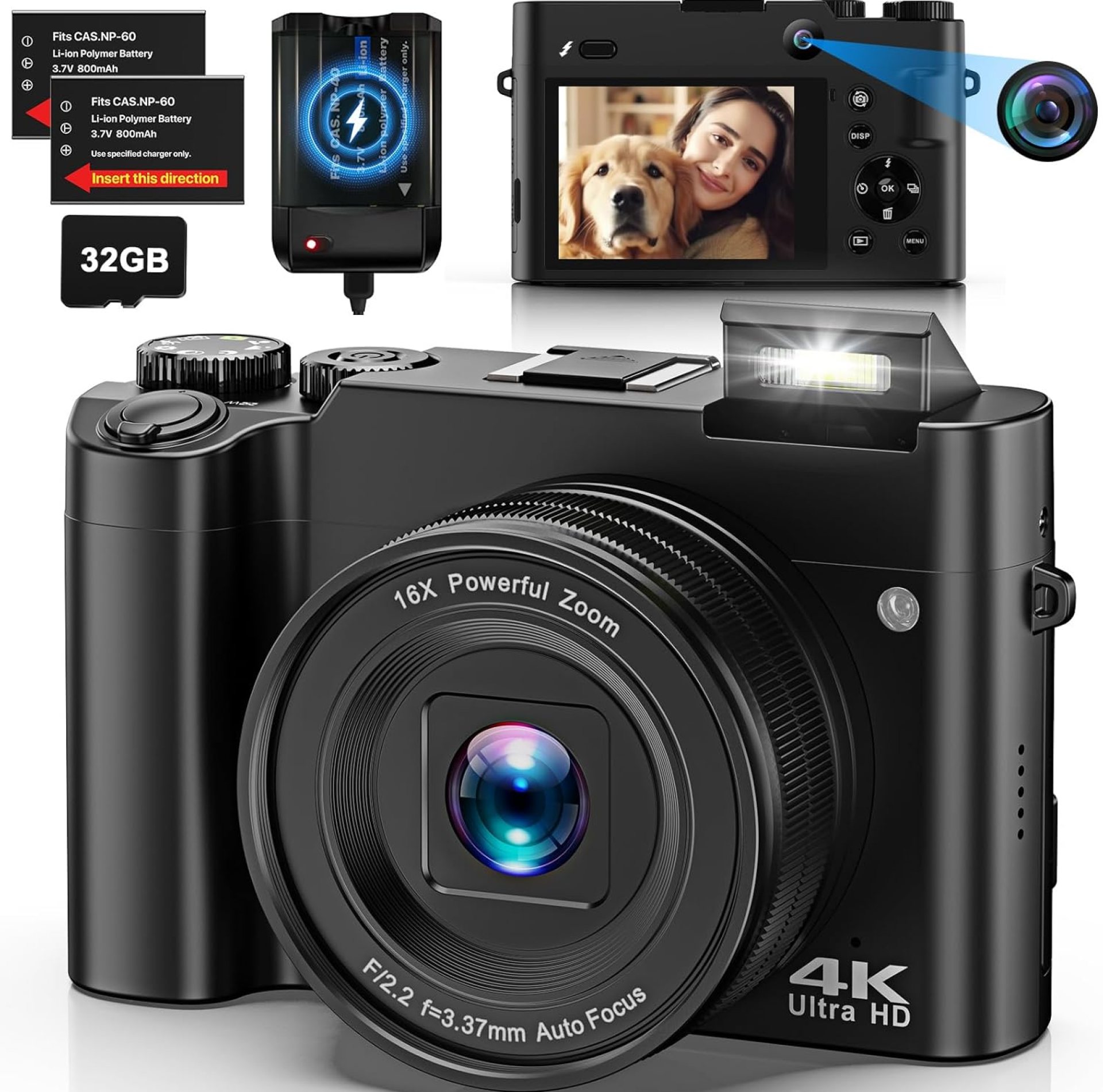 4K Digital Camera for Photography, Dual 64MP Autofocus Vlogging Camera for YouTube, 2.8″ Screen Compact Travel Camera with 32GB SD Card, Anti-Shake, Flash, 16X Digital Zoom, 2 Batteries & Charger 4K Digital Camera for Photography, Dual 64MP Autofocus Vlogging Camera for YouTube, 2.8″ Screen Compact Travel Camera with 32GB SD Card, Anti-Shake, Flash, 16X Digital Zoom, 2 Batteries & Charger