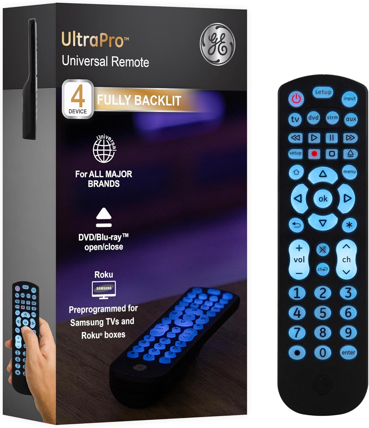 GE Backlit Universal Remote Control for Samsung, Vizio, LG, Sony, Sharp, Roku, Apple TV, RCA, Panasonic, Smart TV, Streaming Players, Blu-Ray, DVD, 4-Device, Black, 40081 Black, Backlit GE Backlit Universal Remote Control for Samsung, Vizio, LG, Sony, Sharp, Roku, Apple TV, RCA, Panasonic, Smart TV, Streaming Players, Blu-Ray, DVD, 4-Device, Black, 40081 Black, Backlit