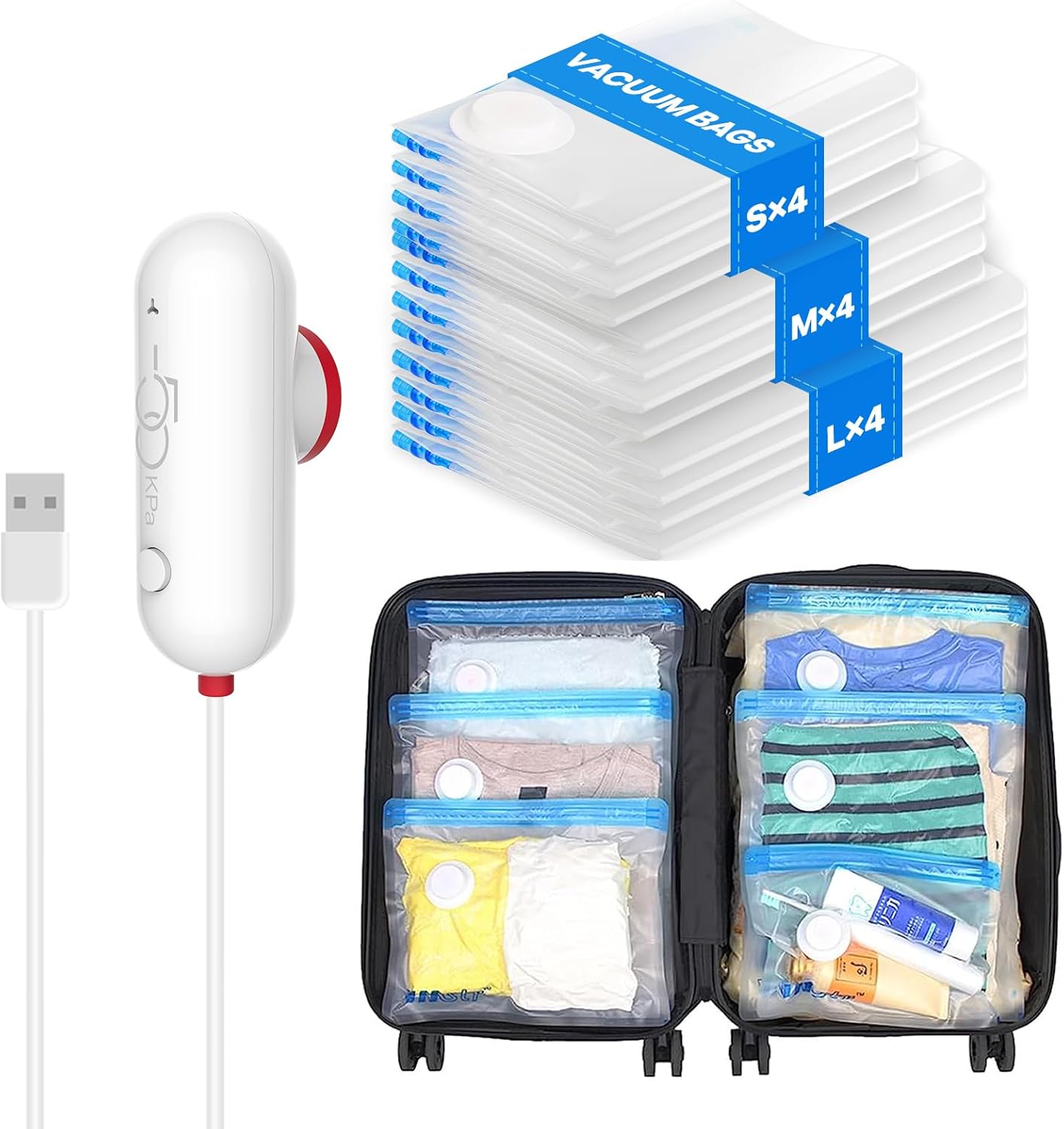 VMstr 12 Pack Travel Vacuum Storage Bags with USB Electric Pump, Compression Bags for Travel, Space Saver for Clothes ans Clothing VMstr 12 Pack Travel Vacuum Storage Bags with USB Electric Pump, Compression Bags for Travel, Space Saver for Clothes ans Clothing