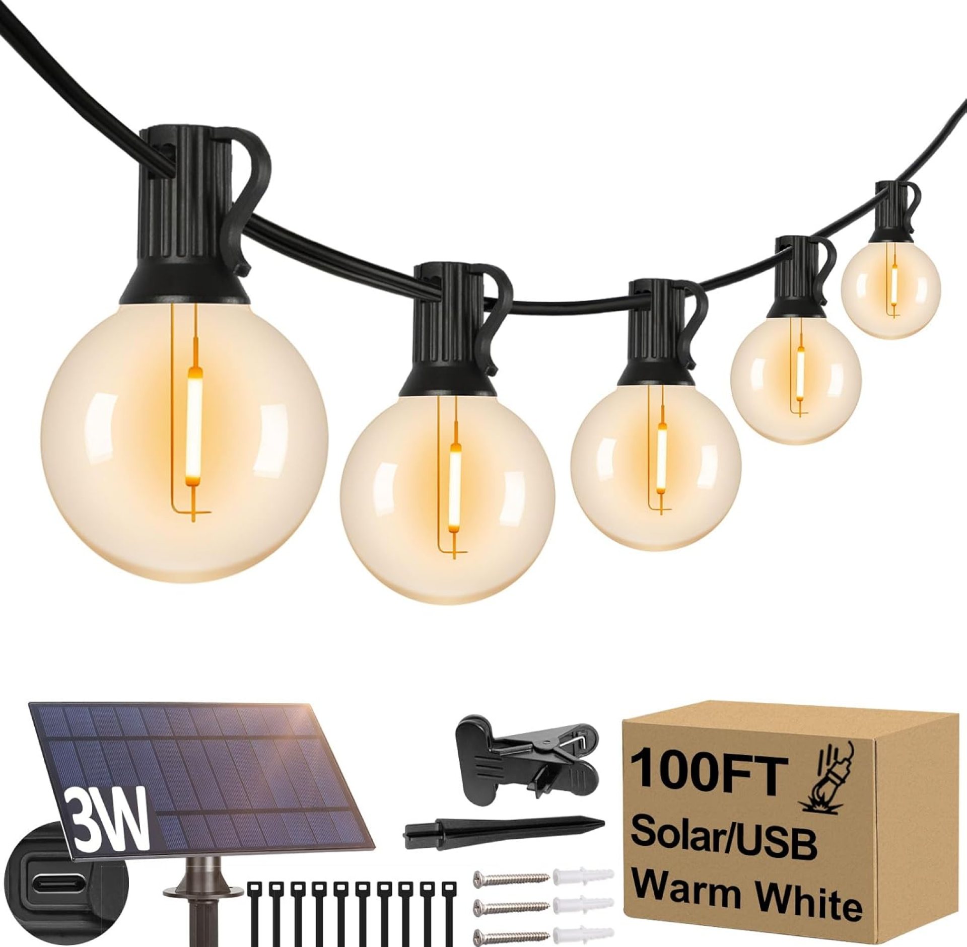 100FT G40 Solar String Lights, Globe Outdoor String Lights with 36 E12 Waterproof LED Bulbs, 2700K Shatterproof Patio Lights, Solar Powered Hanging Lights 100FT G40 Solar String Lights, Globe Outdoor String Lights with 36 E12 Waterproof LED Bulbs, 2700K Shatterproof Patio Lights, Solar Powered Hanging Lights