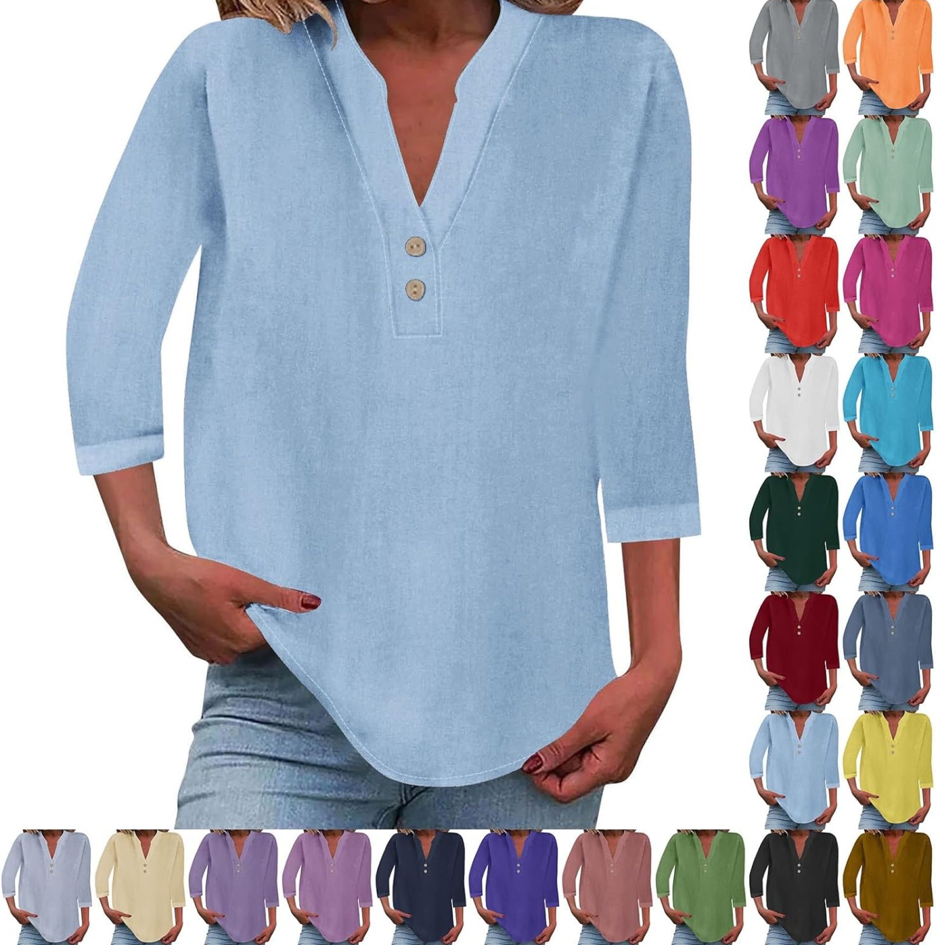 3/4 Sleeve Linen Tops for Women 2024 Loose Fit V Neck Button Down Henley Shirts Cute Solid Summer Beach Tee Shirts 3/4 Sleeve Linen Tops for Women 2024 Loose Fit V Neck Button Down Henley Shirts Cute Solid Summer Beach Tee Shirts