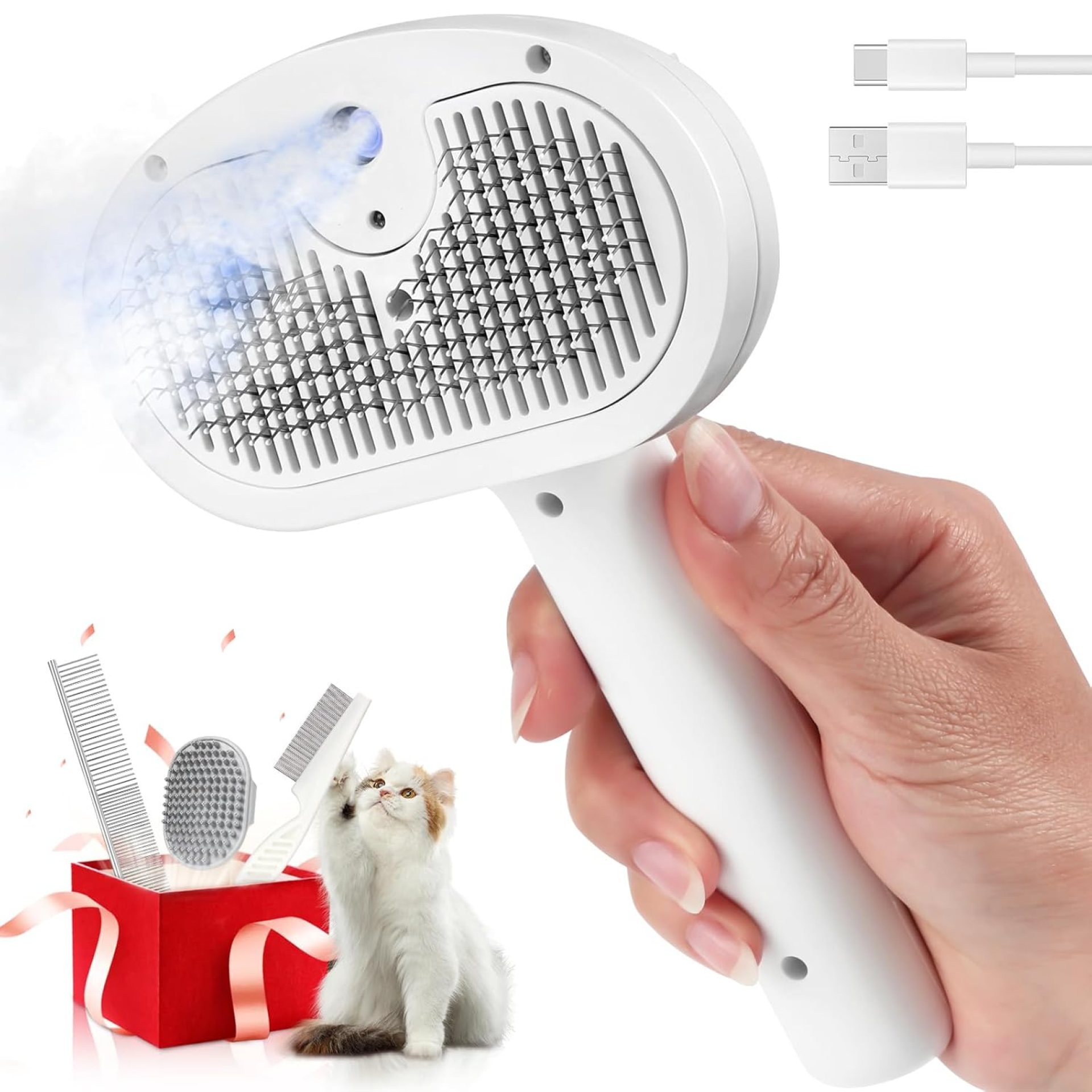 Cat Steam Brush with Mist Spray, Self-Cleaning Grooming Tool for Dogs & Cats, Rechargeable, Anti-Static, Removes Shedding, Mats & Tangles, Perfect for Short & Long Haired Pets – 4 PCS Set Cat Steam Brush with Mist Spray, Self-Cleaning Grooming Tool for Dogs & Cats, Rechargeable, Anti-Static, Removes Shedding, Mats & Tangles, Perfect for Short & Long Haired Pets – 4 PCS Set