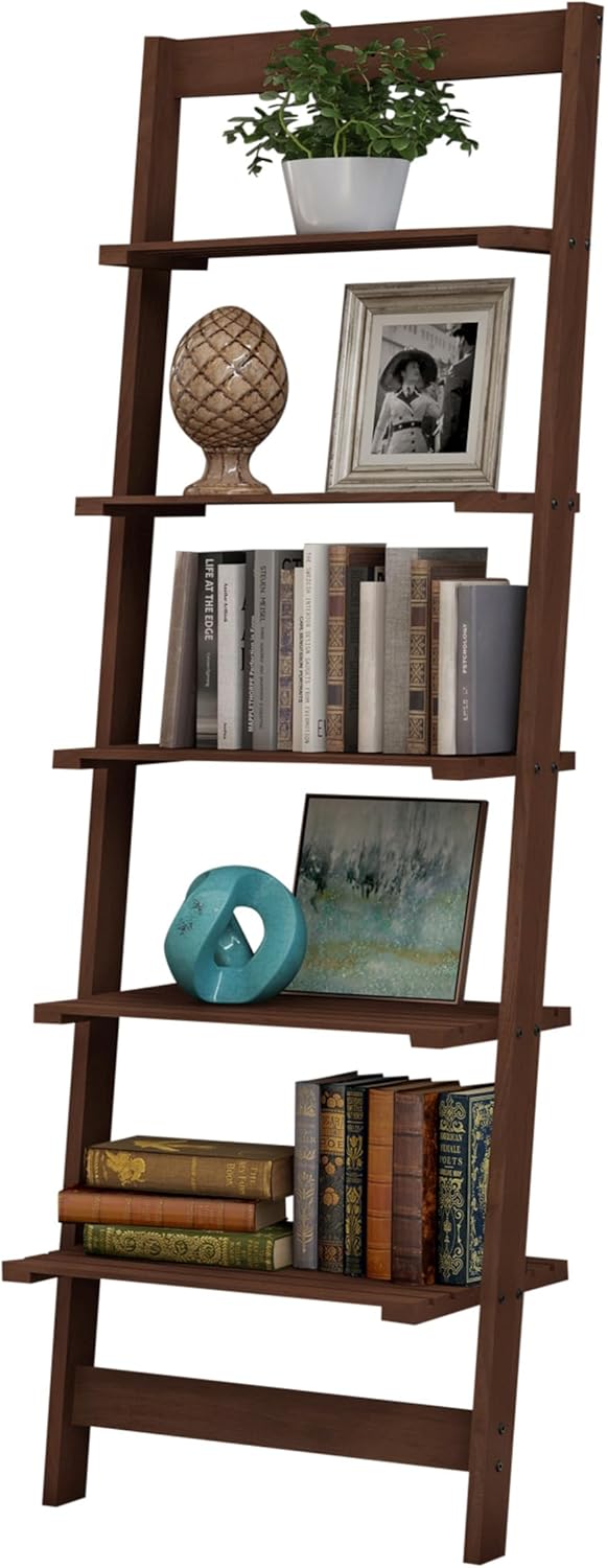 5-Tier Ladder Shelf – 50-Inch Narrow Leaning Bookshelf – Wooden Bookcase for Living Room, Bathroom, Kitchen, Office, or Bedroom Furniture by Lavish Home (Walnut) 5-Tier Ladder Shelf – 50-Inch Narrow Leaning Bookshelf – Wooden Bookcase for Living Room, Bathroom, Kitchen, Office, or Bedroom Furniture by Lavish Home (Walnut)