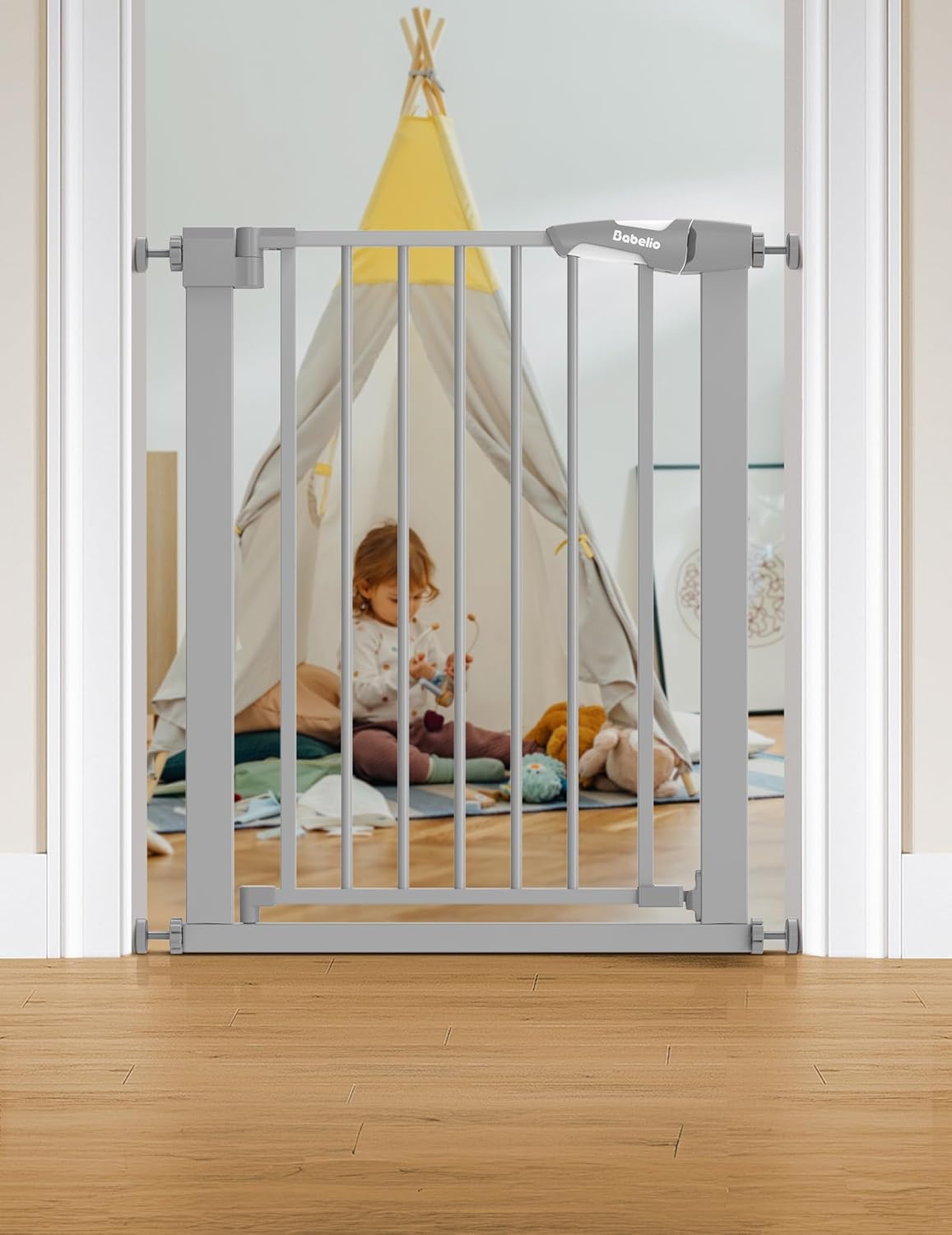 BABELIO 26-28.5 Inch Narrow Easy Install Baby Gate, Auto-Close Metal Pet Gate for Small Stairs and Doorways, NO Drilling Pressure Mounted, NO Extensions, Gray BABELIO 26-28.5 Inch Narrow Easy Install Baby Gate, Auto-Close Metal Pet Gate for Small Stairs and Doorways, NO Drilling Pressure Mounted, NO Extensions, Gray